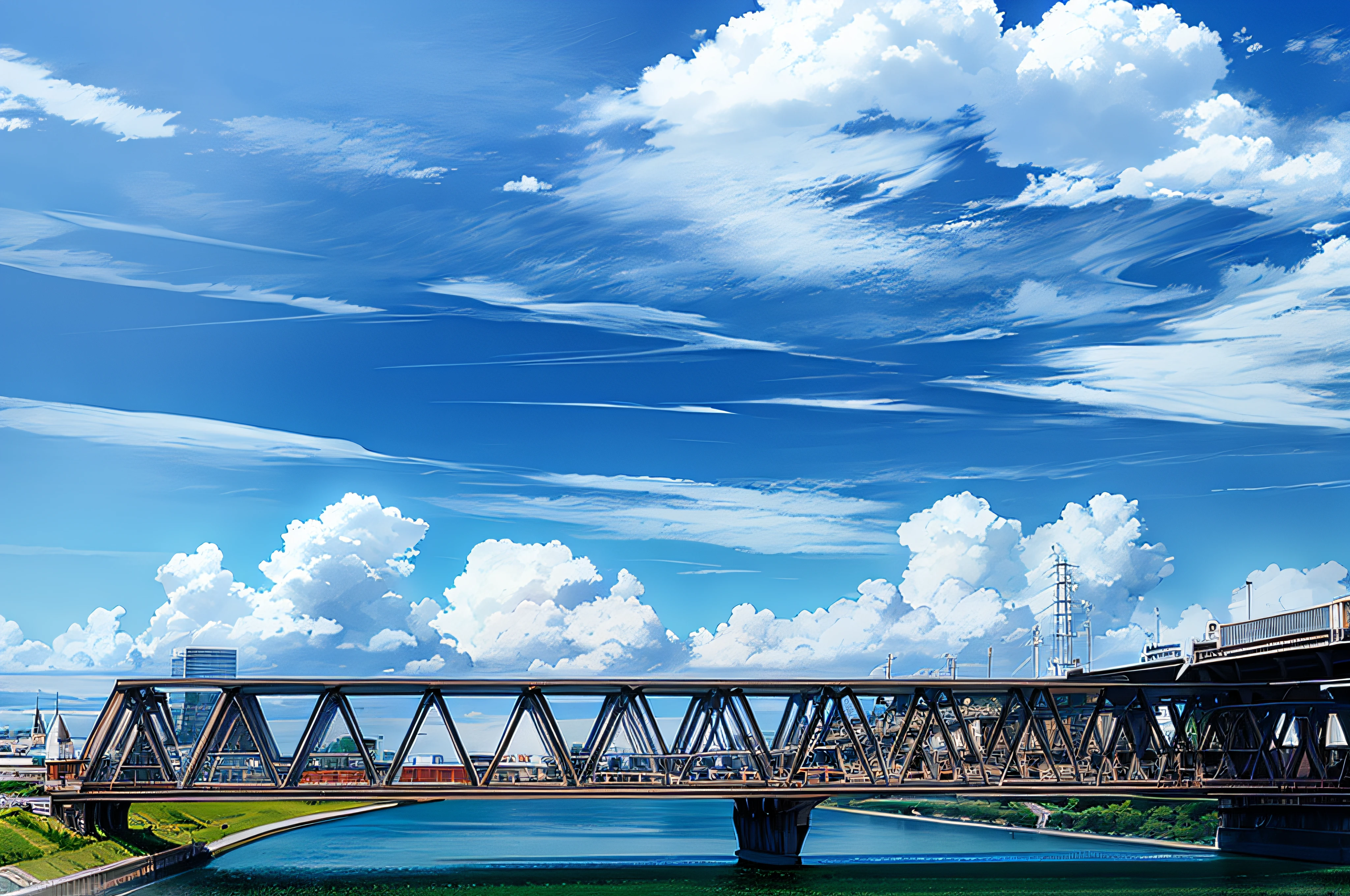 There is a train crossing the bridge over the river, bridge over the water, tall bridge with city on top, Bridge, sky bridge, Metallic Bridge, Blue sky and white clouds, bru, on a bright day, there is blue sky, in a sunny day, sky bridge, Blue sky with clouds, the photo shows a large, Blue sky
