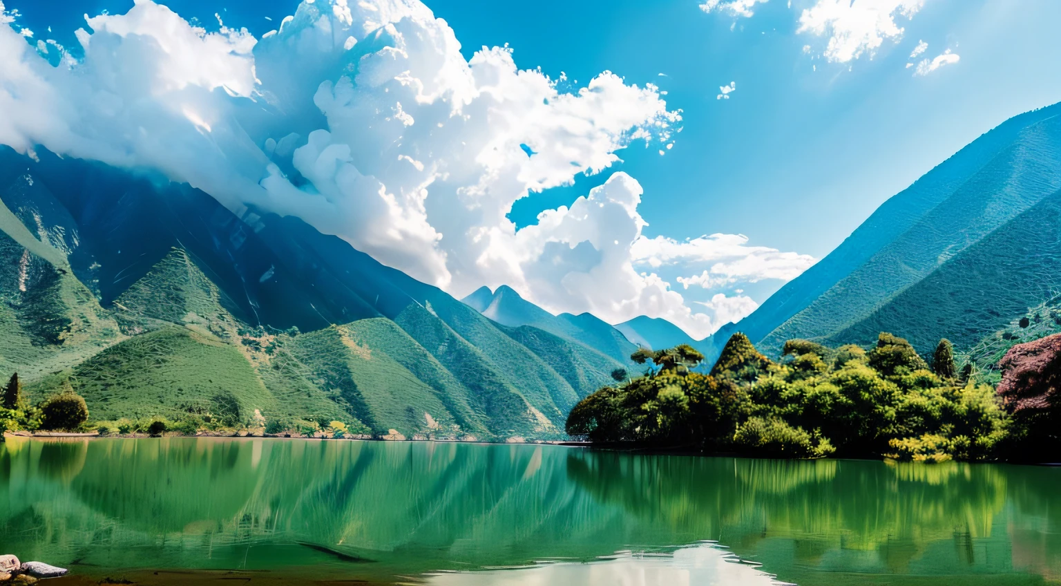 mountain lakes,The lake is crystal clear,Surrounded by mountains,surrounded by cloud,It's like being in a wonderland。Beautiful、heal、Scenic blockbuster、Eye protection、freshen、great outdoors、Wonderland、Vast angle、Leica、Ultra-clear、Bright light,Authentic scenery,high-definition photography