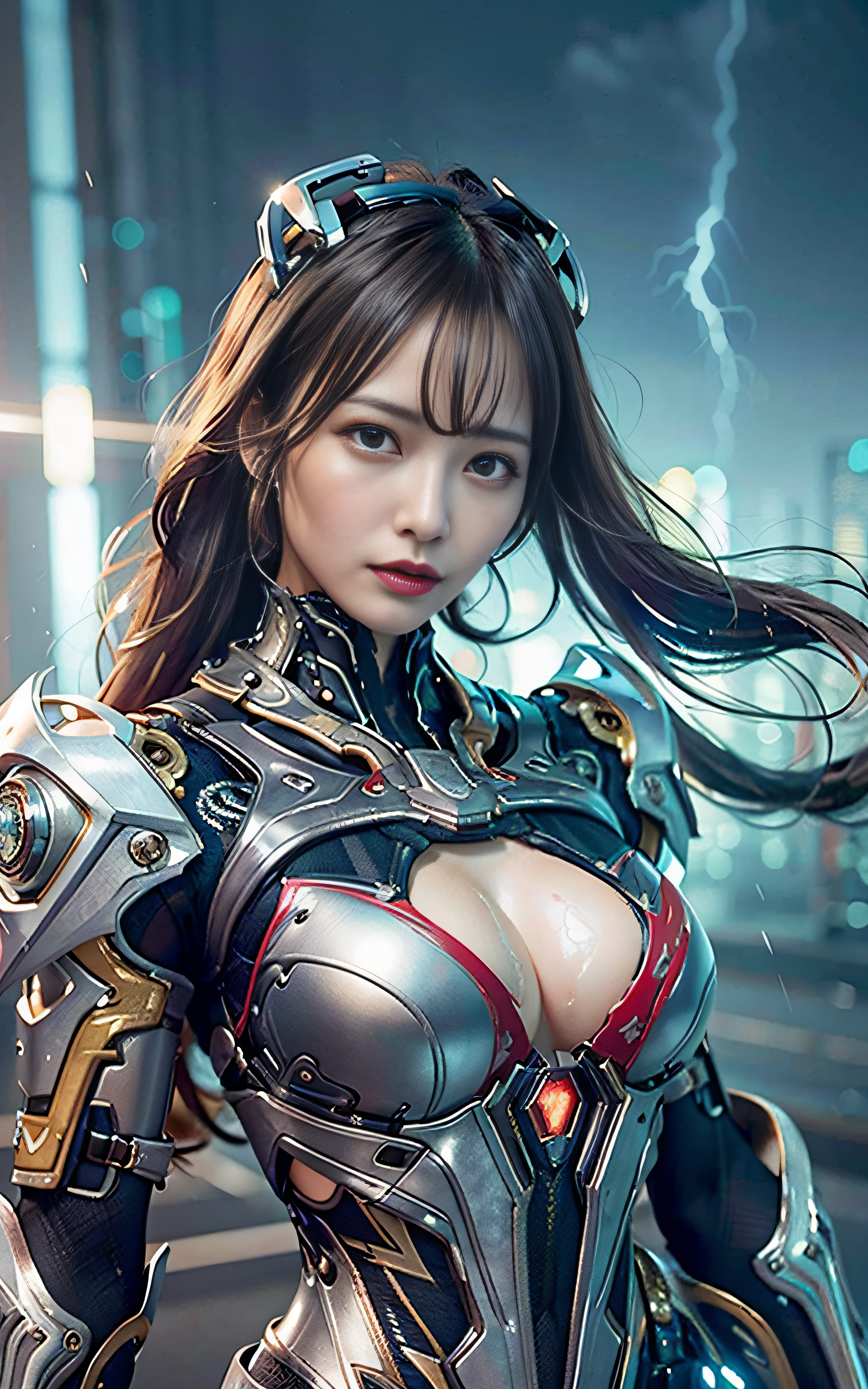 ​masterpiece, top-quality, hightquality, (the future:1.1), (Yellow cyberpunk suit), movie lights, (exquisite future), Beautiful and beautiful, ultra-detailliert, amazing composition, floating, depth of fields, (extremely details CG,Unity 8k壁纸), (beautiful detail background), beautiful hair details, dramatic lights, gogetta, mechs,Best Quality,超A high resolution,photoRealstic,tits out,cleavage of the breast,(Hair that flutters in the wind),((Wink)),(Angry look),(actionpose),((thunder)),(Beaten by heavy rain),(wetting hair),Radiant