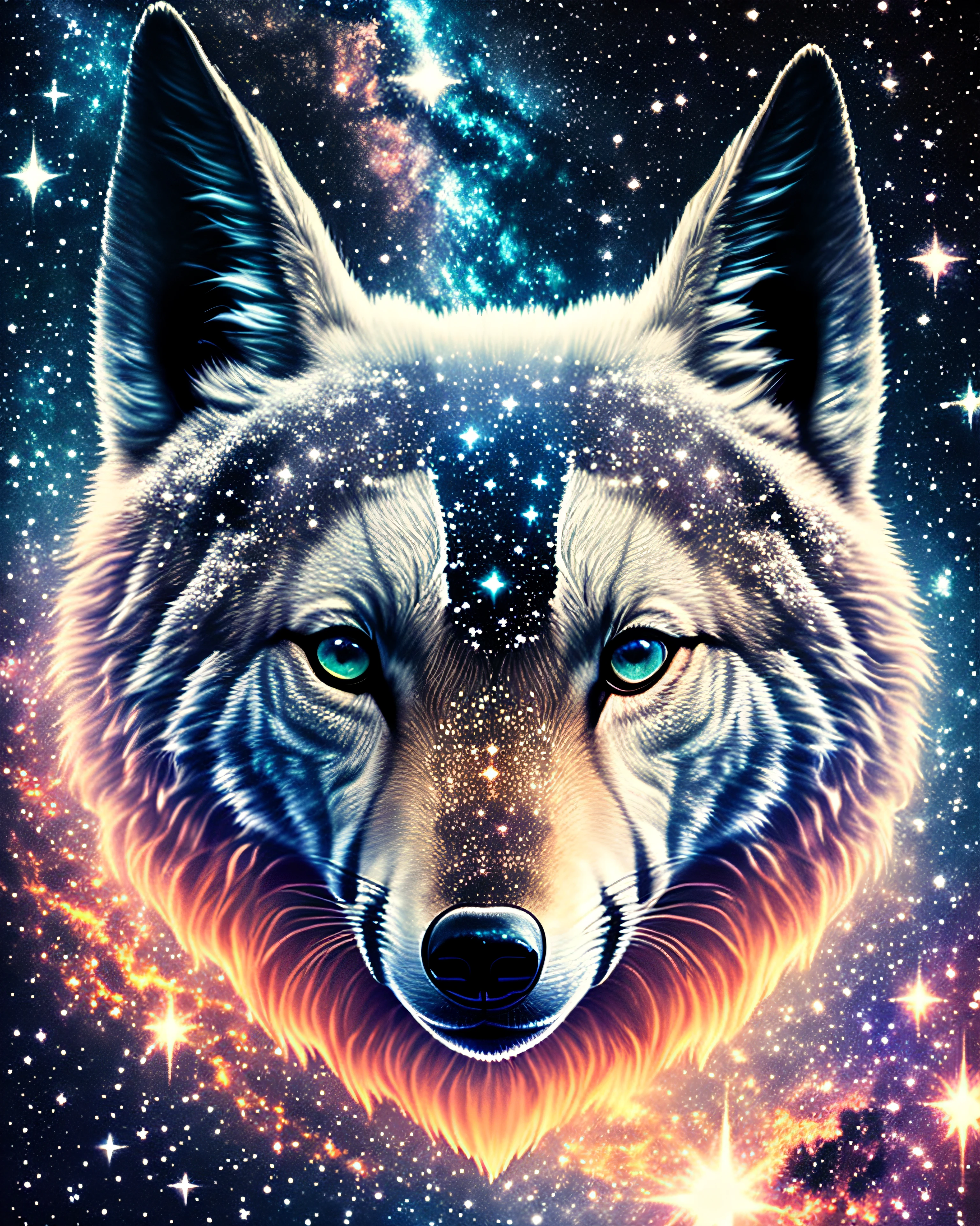 visage de loup dans l'espace, stars, nebula, univers