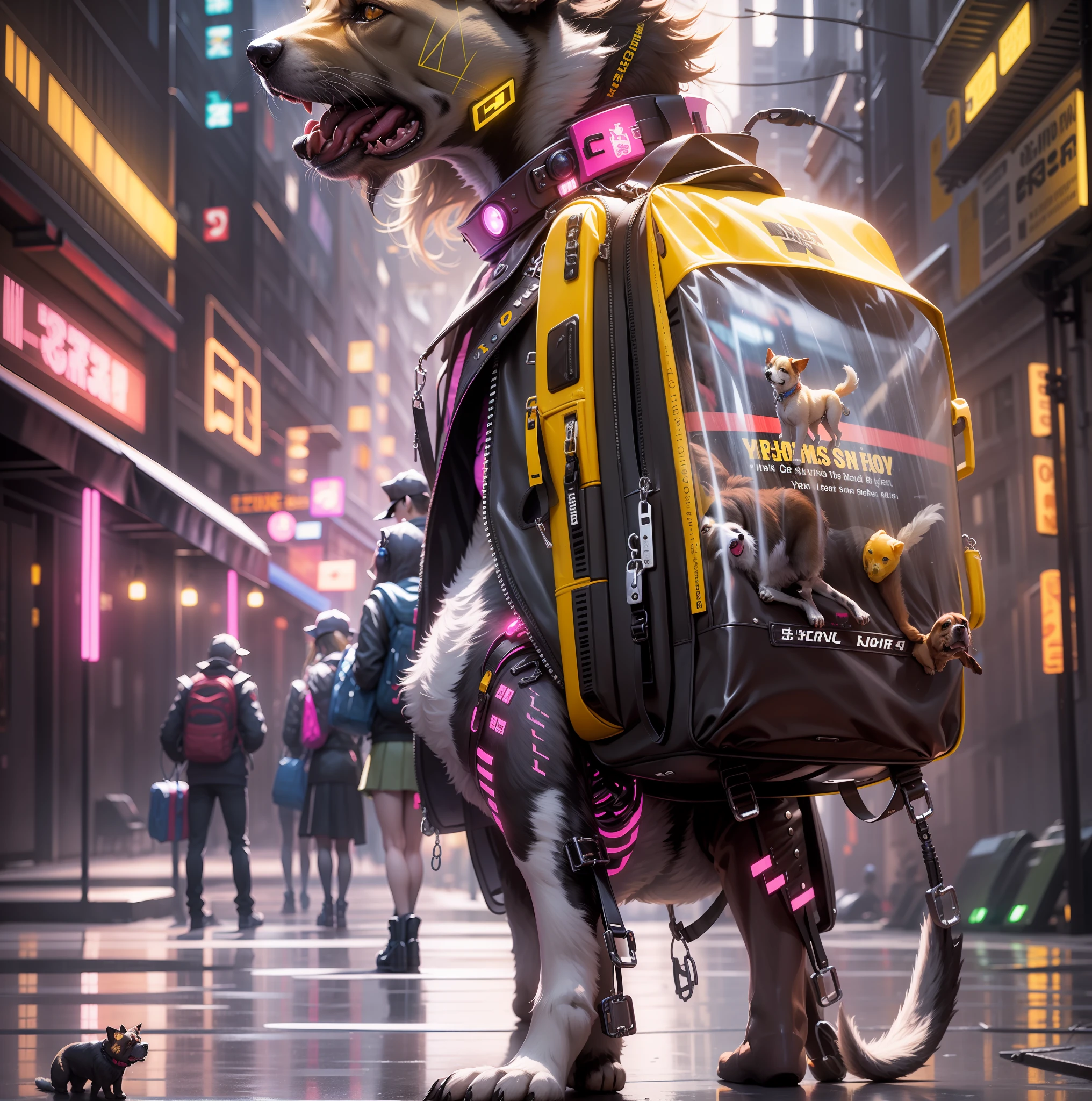 Mechanical dogs,Yellow school bag,cyber punk perssonage,urban backdrop
