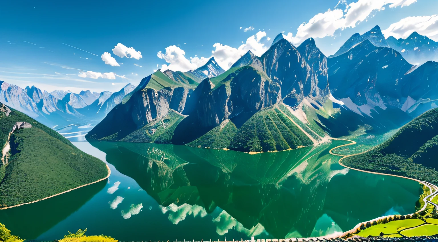 mountain lakes，The lake is crystal clear，Surrounded by mountains，surrounded by cloud，It's like being in a wonderland。Beautiful、heal、Scenic blockbuster、Eye protection、freshen、great outdoors、Wonderland、Vast angle、Leica、Ultra-clear、Bright light，Authentic scenery，high-definition photography