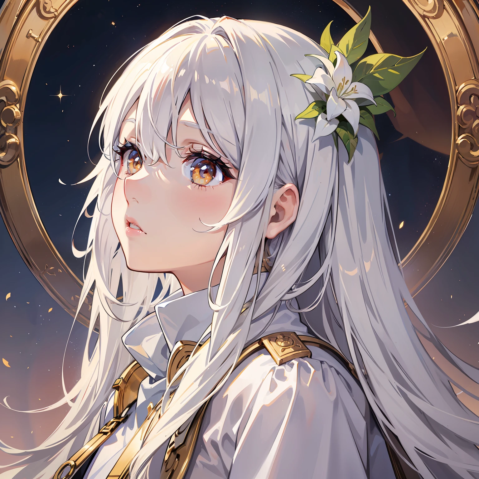 Manteau blanc,white skinned,whaite hair,long whitr hair,Golden eyes,Look up,The upper part of the body,Need,tmasterpiece