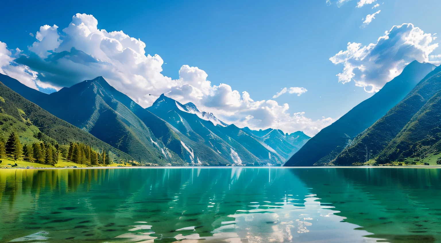 mountain lakes,The lake is crystal clear,Surrounded by mountains,surrounded by cloud,It's like being in a wonderland。Beautiful、heal、Scenic blockbuster、Eye protection、freshen、great outdoors、Wonderland、Vast angle、Leica、Ultra-clear、Bright light,Authentic scenery,high-definition photography