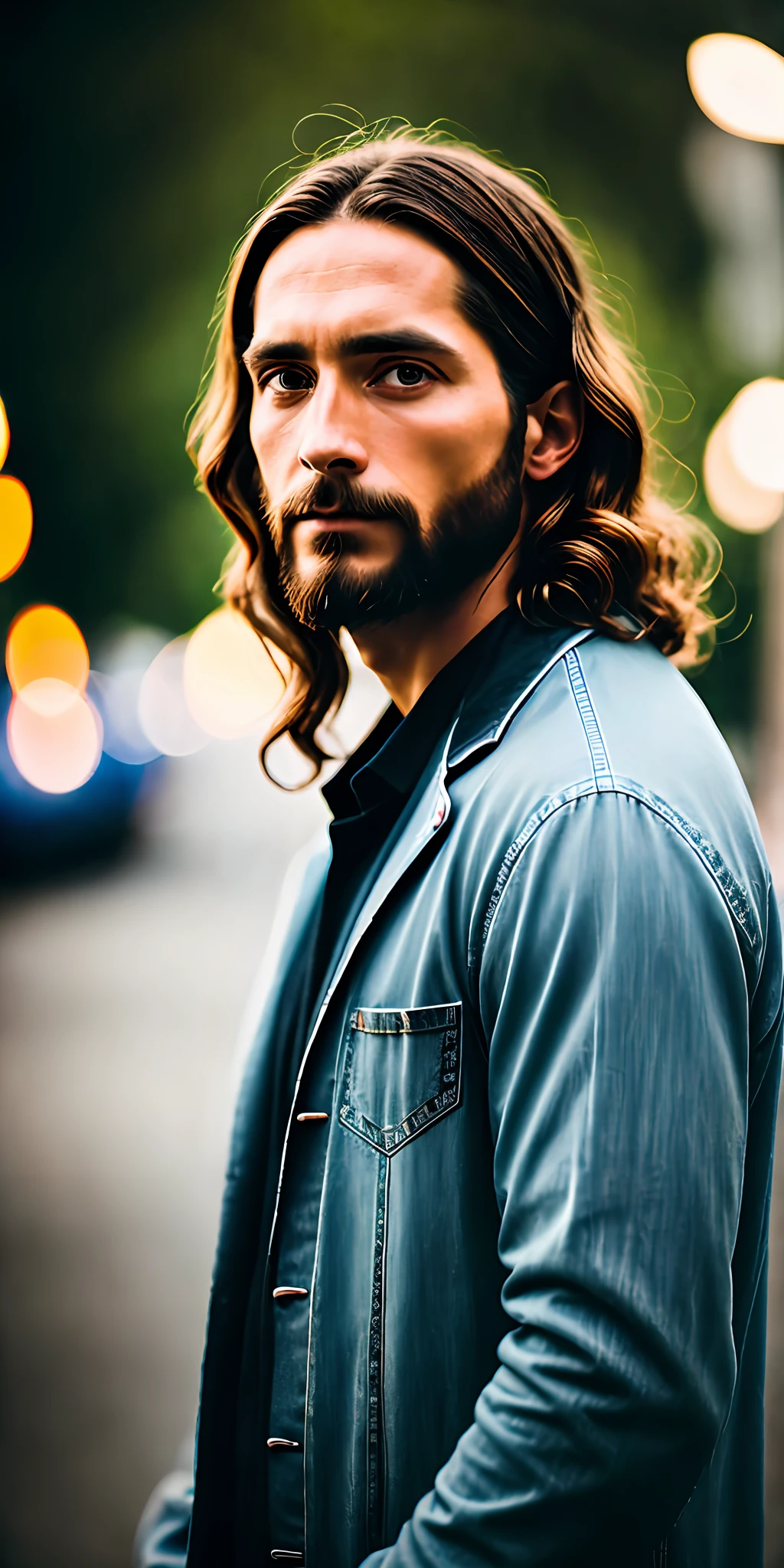 portrait of modern day Jesus, cinematic lighting, depth of field, bokeh, realism, photorealistic, hyperrealism, professional photography, uhd, dslr, hdr