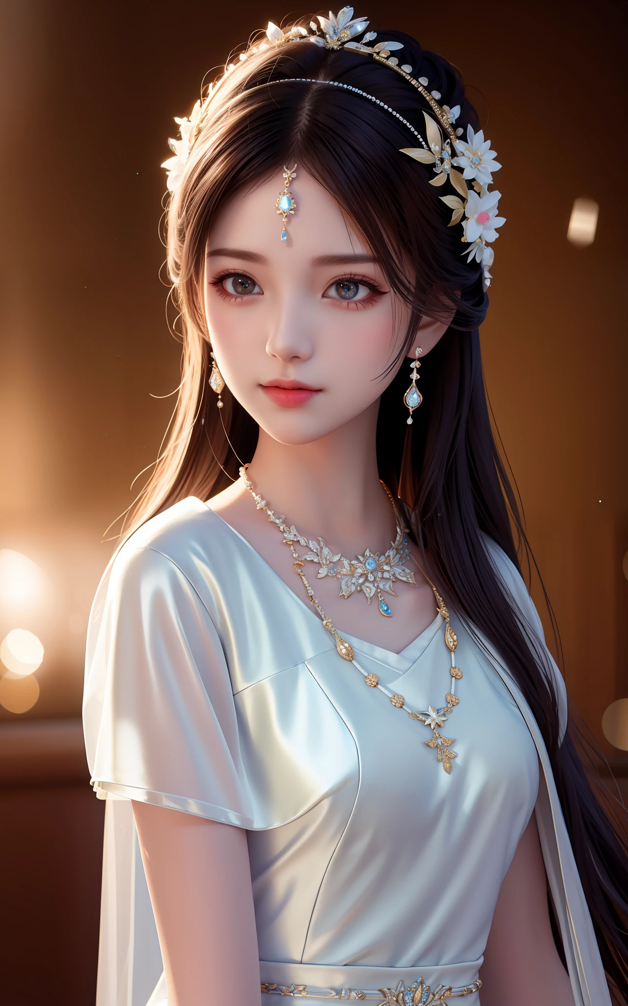 Best Quality, Masterpiece, High Resolution, 1girl, Porcelain Dress, Hair Accessories, Necklace, Jewelry, Beautiful Face, Physically, Tyndall Effect, Realistic, Dark Studio, Rim Lighting, Duotone Lighting, (High Detail Skin : 1.2), 8k uhd, dslr, soft light, high quality, volume light, candid, photo, high resolution, 4k, 8k, bokeh