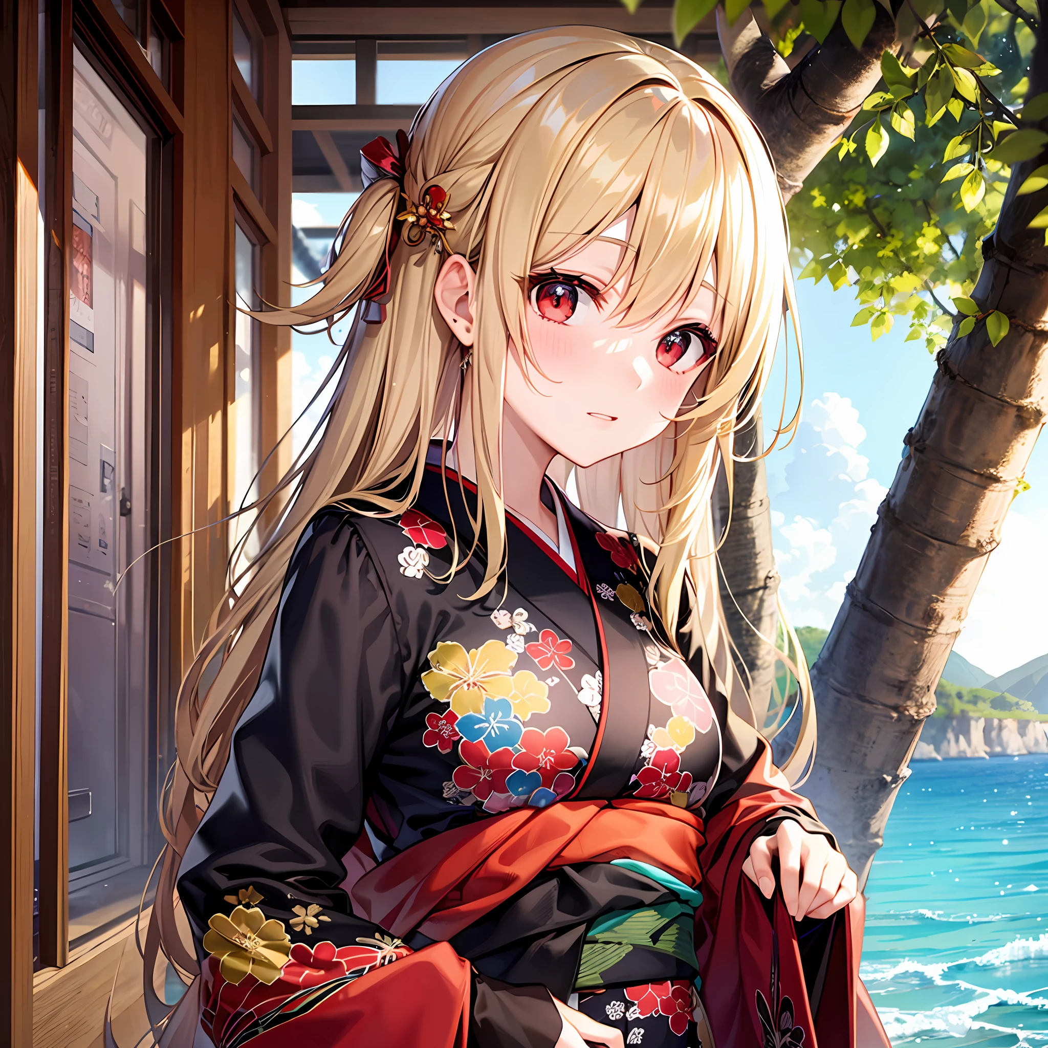 One blonde girl、red eyes、Red kimono、sea side