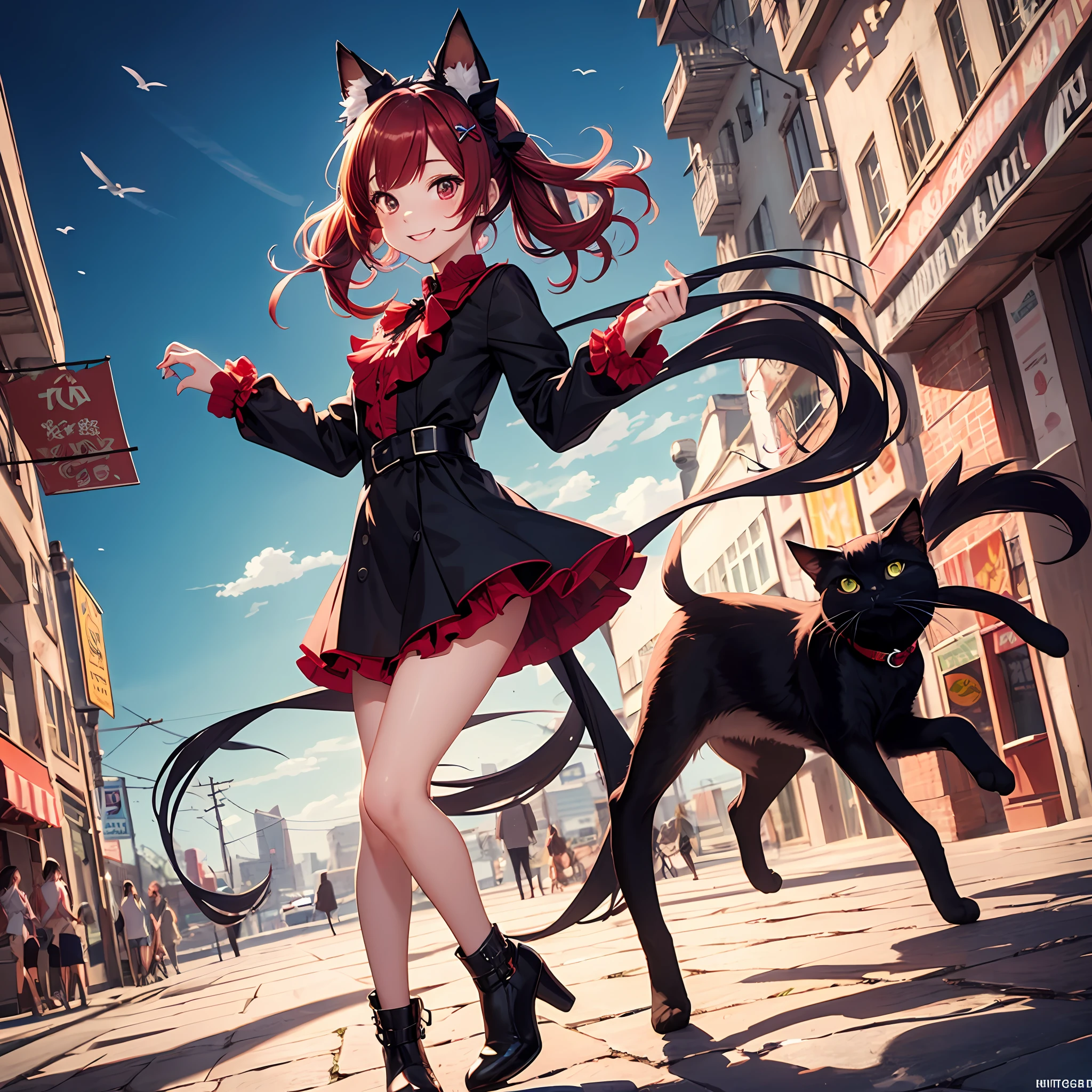 Anime filling,Two-dimensional illustration,Red-haired,Half Twin Tail,shorth hair,Big eyes,a smile,a beauty girl,cute little,Super Cute,Black cat ears,Red Eyes,Ruffled Clothes,Black lace clothes,Inner colorGreen,One girl,Full body painting,teens girl --auto