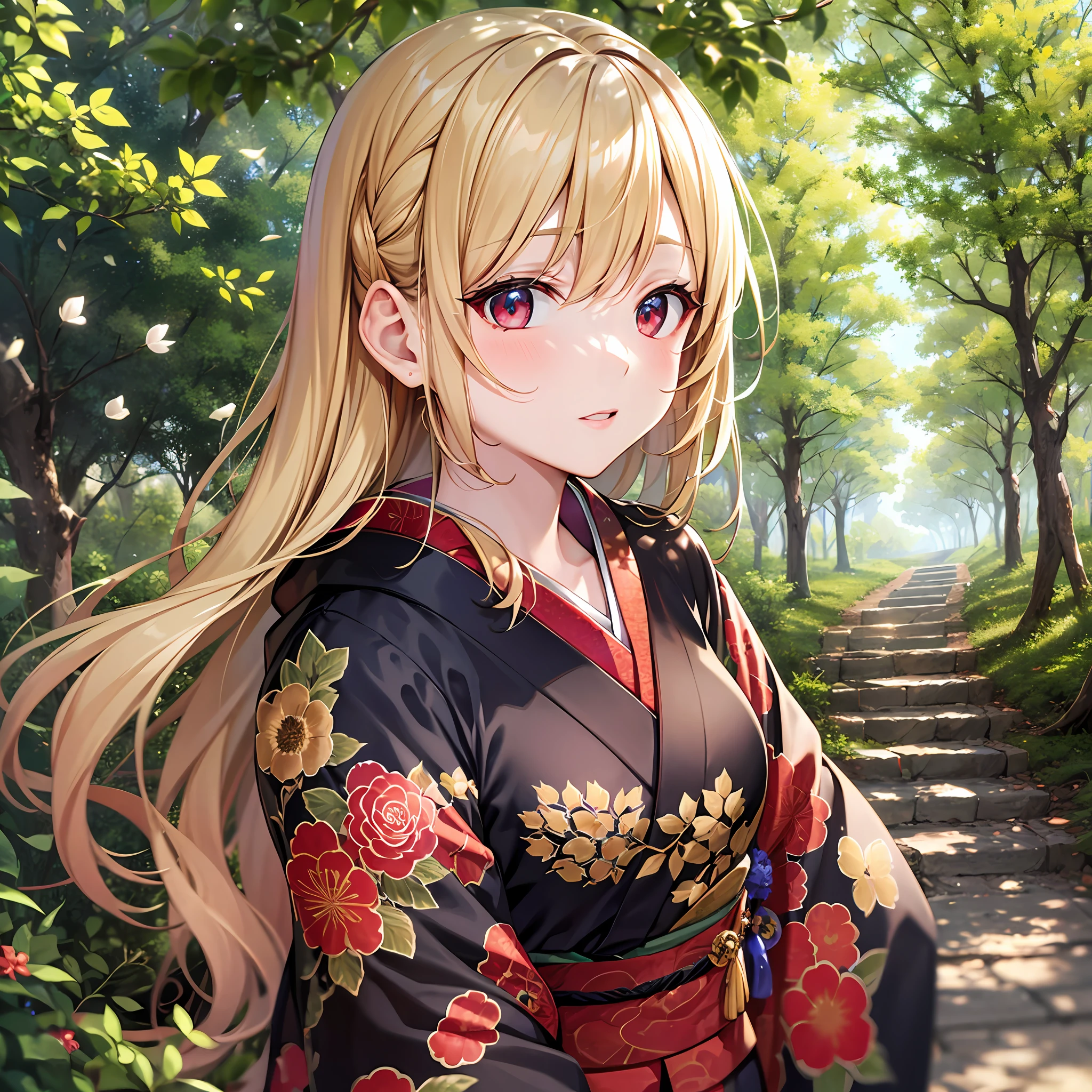 One blonde girl、red eyes、red kimono、in woods