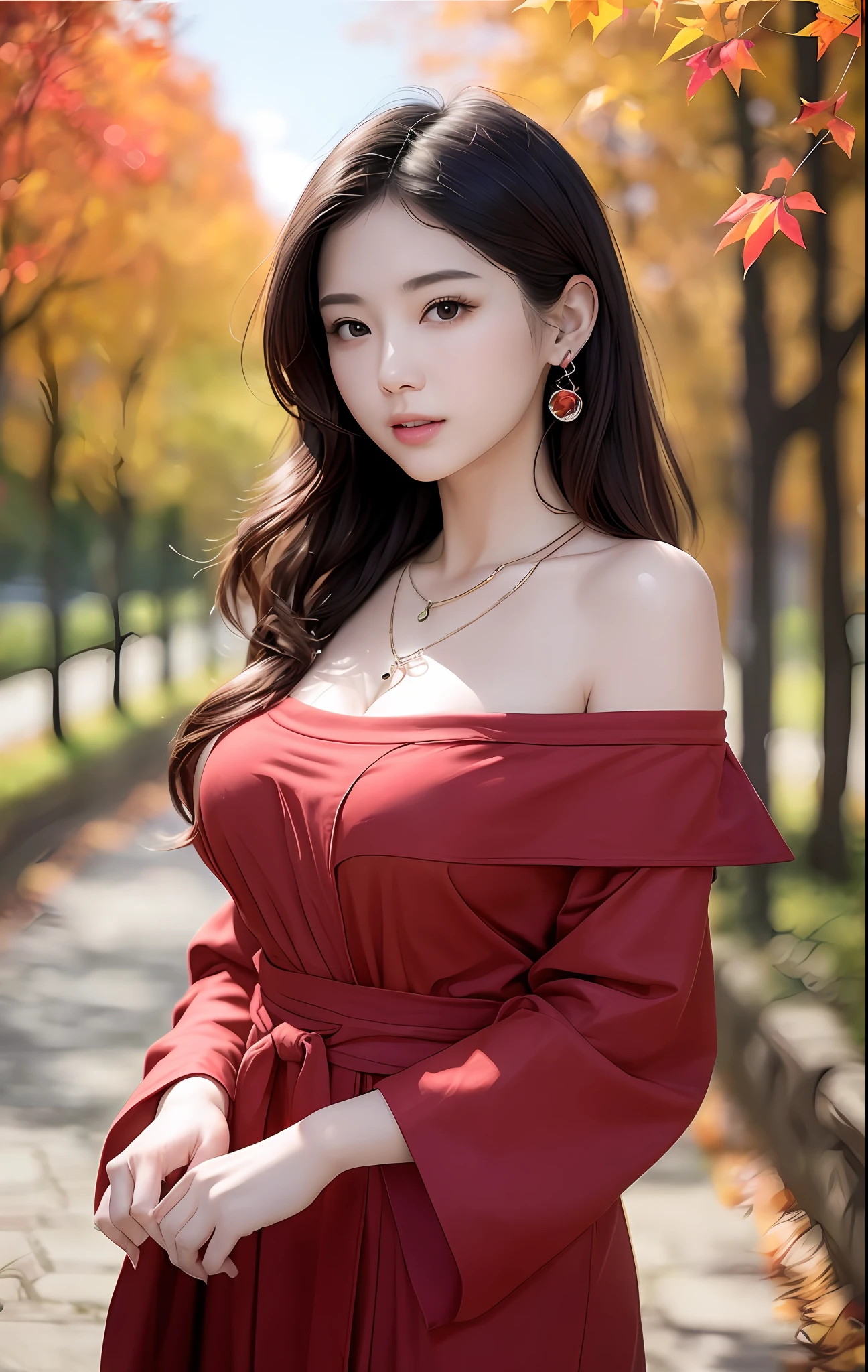 Beautuful Women、(top-quality、in 8K、32K、masterpiece、nffsw:1.3)、(Photorealsitic:1.4)、realisitic:1.2、Detailed skin、Sun glare、Detailed shading by sunlight、depth of fields、blurry backround、
kyoto、jpn、(Dark Red Off-Shoulder Dress)、((autumn day))、Colored leaves、ear ornament、lady's、a necklace、(A sexy:1.2)、breastsout、