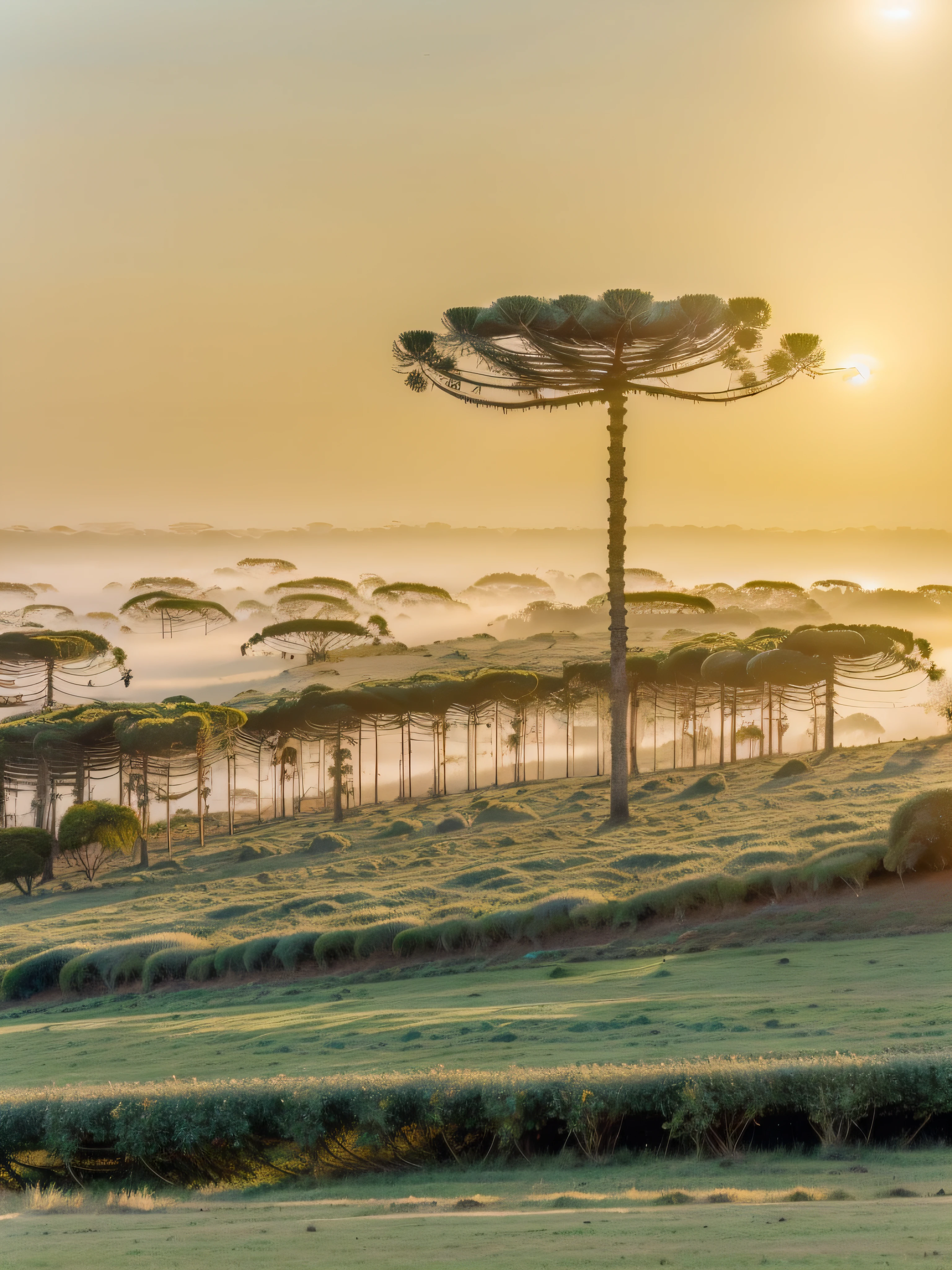 trees in a field with fog in the background, Floresta antiga como floresta fanal, paisagem bonita do pinheiro, beautiful trees, Pinhais, breath-taking beautiful trees, natureza realmente bonita, beautiful ancient trees, breath - taking beautiful trees, alien trees, beautiful forests and trees, Com pinheiros de matsu, Natureza Bonita, cabbage trees, enigmatic natural beauty