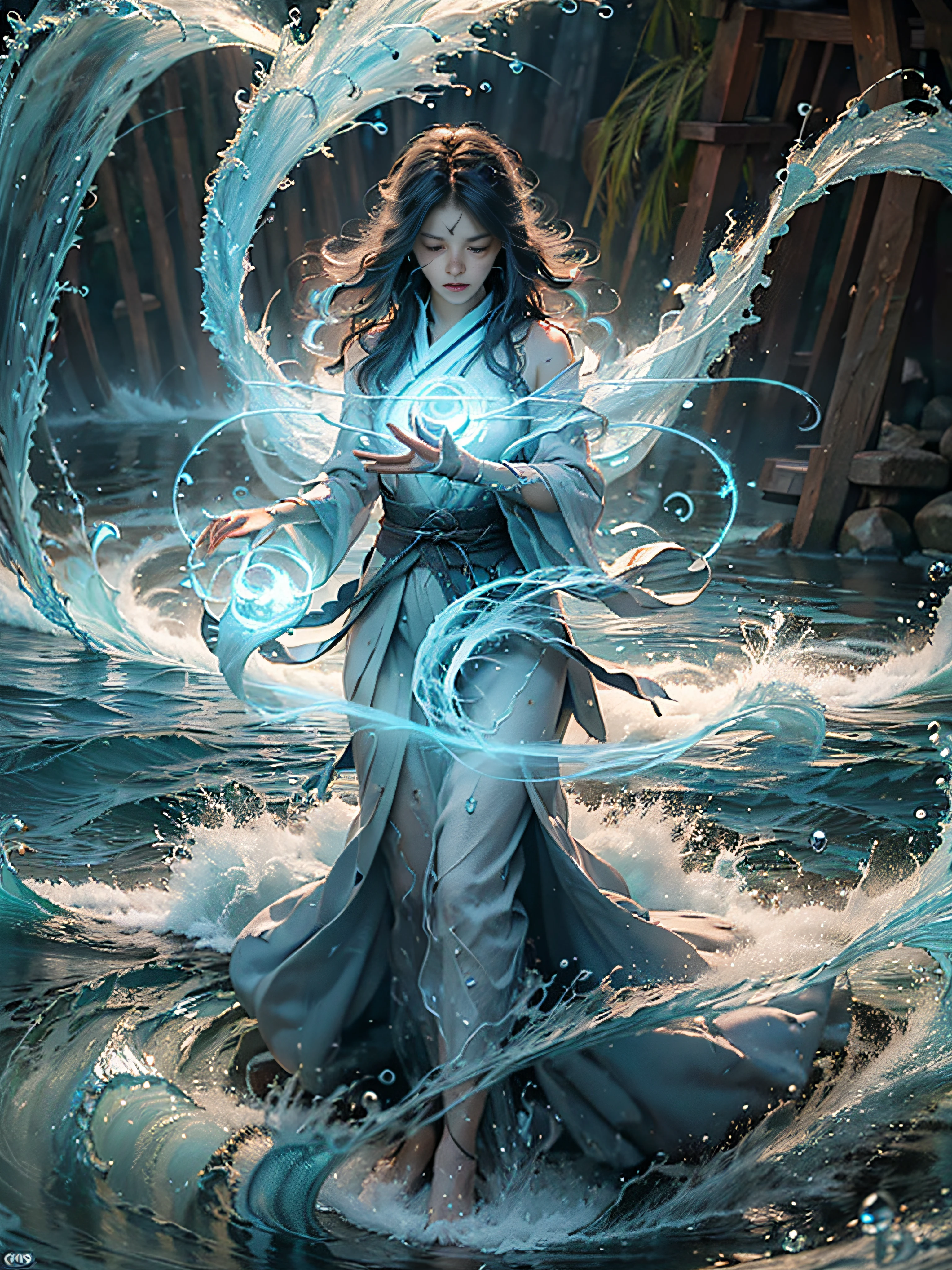 ((best quality)), ((masterpiece)), (detailed), (realistic), (official art), (extremely detailed CG unity 8k wallpaper), (water magic:1.2), (manipulating water:1.1), (elemental control:1.2), (graceful movements:1.1), (aquatic beauty:1.2), (mystical powers:1.2), (serene expression:1.1), (flowing tides:1.2), (sparkling droplets:1.2), (enchanted aura:1.1), (magical incantation:1.2), (rippling waves:1.2), (splendid water formations:1.1), (emerging from a water vortex:1.2), (resonating with nature:1.2), (commanding the elements:1.2), (translucent veil:1.1), (wisdom and power:1.2), (whirlpool of enchantment:1.2), (glowing water glyphs:1.1), (harmony with the sea:1.2), (mysterious origins:1.2), (harmonious balance:1.1), (serene strength:1.2), (spellbinding spectacle:1.2), (immersing in liquid magic:1.1), (embracing her destiny:1.2)