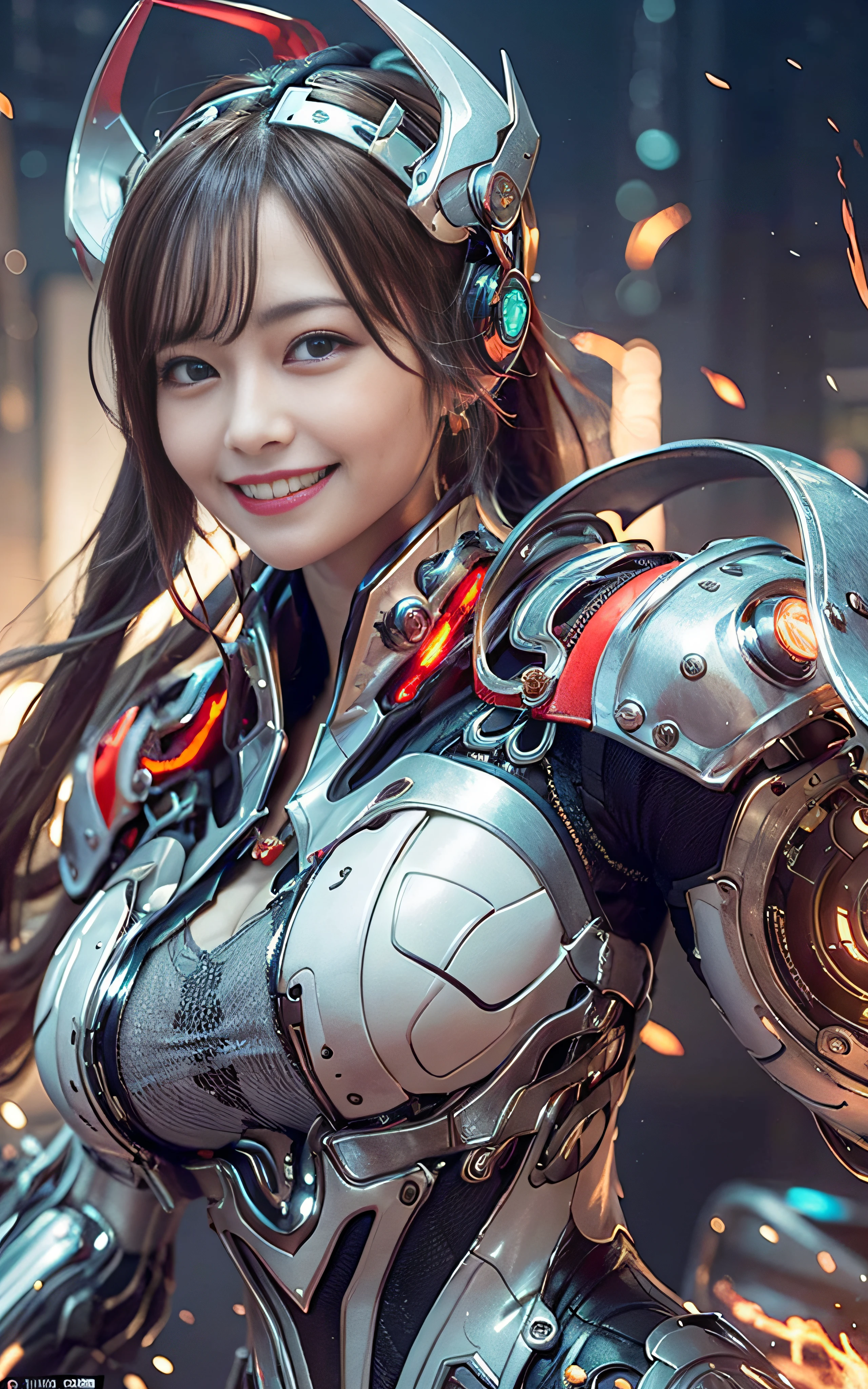masterpiece, top-quality, hightquality, (the future:1.1), (Red Cyberpunk Clothing), movie lights, (exquisite future), Beautiful and beautiful, ultra-detailliert, amazing composition, floating, depth of fields, (extremely details CG,Unity 8k壁纸), (beautiful detail background), beautiful hair details, dramatic lights, gogetta, mechs,Best Quality,超A high resolution,photoRealstic,tits out,cleavage of the breast,(Hair that flutters in the wind),((Grin)),cute smile face,(Frolic happily),Engulfed in flames,((Wink)),sparks,With a big hammer