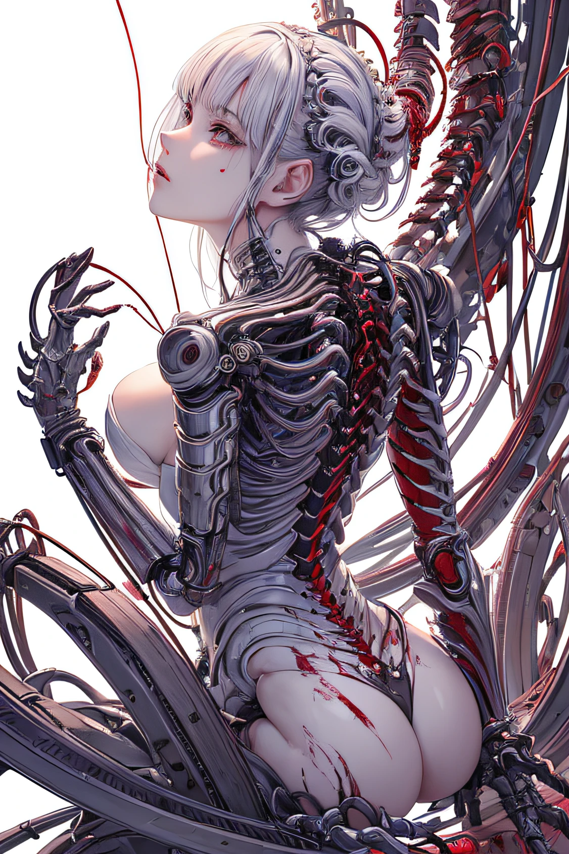 (masterpiece, top quality, best quality, official art, beautiful and aesthetic:1.2), (1girl:1.3), extreme detailed,colorful,highest detailed ((ultra-detailed)), (highly detailed CG illustration), ((an extremely delicate and beautiful)),(from side),cinematic light,((1mechanical girl)),solo,full body,(machine made joints:1.2),((machanical limbs)),(blood vessels connected to tubes),(mechanical vertebra attaching to back),((mechanical cervial attaching to neck)),(sitting),expressionless,(wires and cables attaching to neck:1.2),(wires and cables on head:1.2)(character focus),science fiction,white background,(blood:1.5)