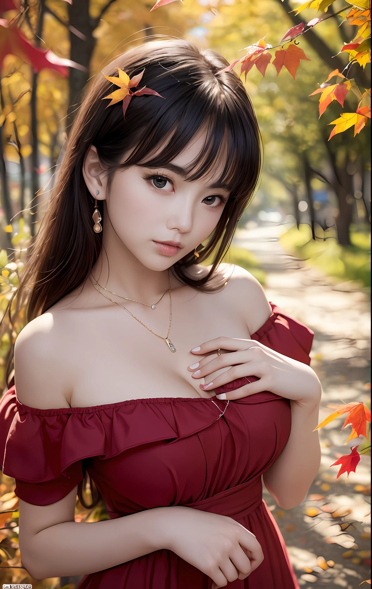 Beautuful Women、(top-quality、in 8K、32K、​masterpiece、nffsw:1.3)、(Photorealsitic:1.4)、realisitic:1.2、Detailed skin、Sun glare、Detailed shading by sunlight、depth of fields、blurry backround、
kyoto、jpn、(Dark Red Off-Shoulder Dress)、((autumn day))、Colored leaves、ear ornament、lady's、a necklace、(A sexy:1.2)、breastsout、