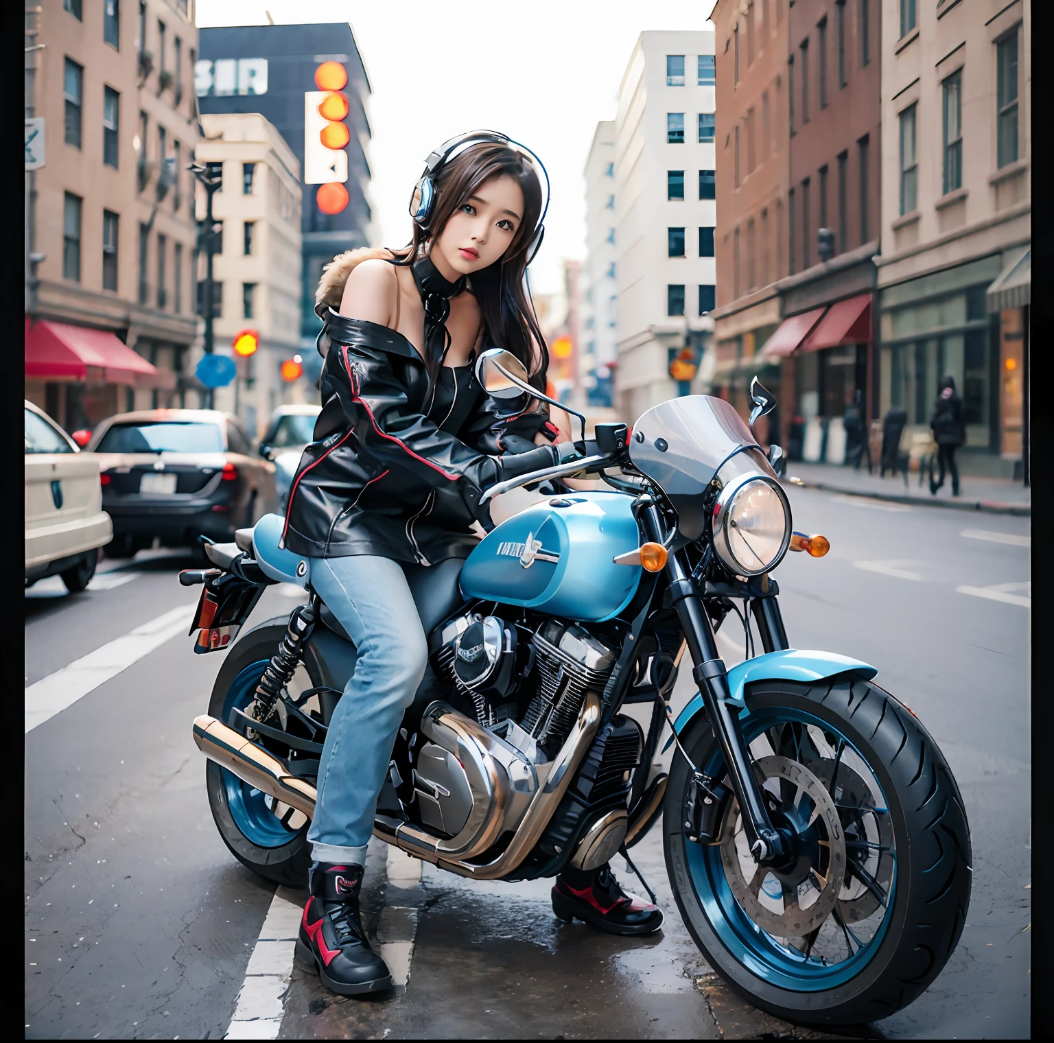 modeled:Disillusionment Mix Prompt:「1girl in, parka, blue hairs, Super long hair, off shoulders,  Headphones around the neck, sity,  Stop the motorcycle and look somewhere, plein air, The motorcycle is a one-eyed circle café racer type.、see -through、"