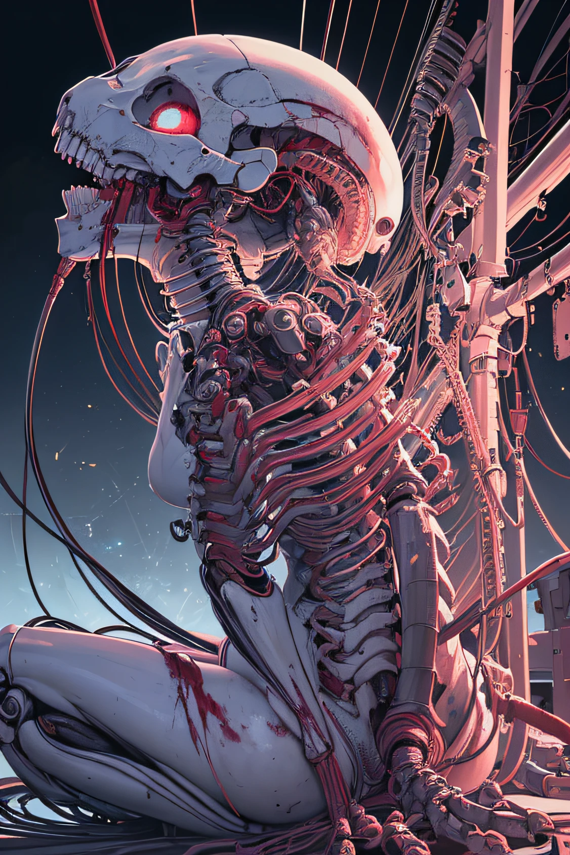(masterpiece, top quality, best quality, official art, beautiful and aesthetic:1.2), (1girl:1.3), extreme detailed,colorful,highest detailed ((ultra-detailed)), (highly detailed CG illustration), ((an extremely delicate and beautiful)),(from side),cinematic light,((1mechanical girl)),solo,full body,(machine made joints:1.2),((machanical limbs)),(blood vessels connected to tubes),(mechanical vertebra attaching to back),((mechanical cervial attaching to neck)),(sitting),expressionless,(wires and cables attaching to neck:1.2),(wires and cables on head:1.2)(character focus),science fiction,white background,(blood:1.5)