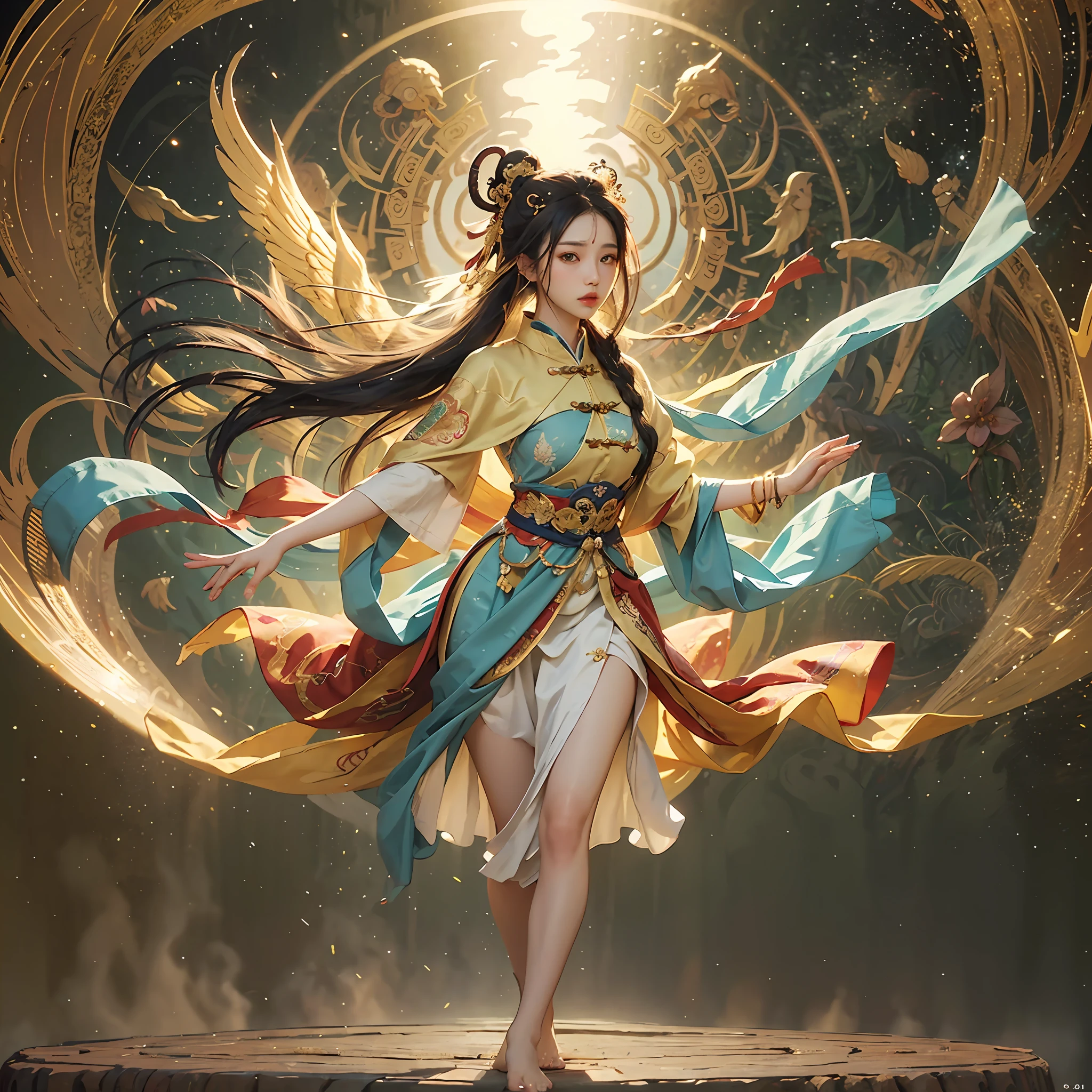 Surreal, (RAW Photo, Best Quality), (Realistic, Photo Realistic: 1.3), Best Quality, Highly Detailed, Masterpiece, Ultra Detailed, 1 Girl,(full_body), Traditional Han Chinese clothing style, A complex halo, and aura surround the person, with golden light and a vast sky in the background. The model is wearing an Athena headband and a Zodiac headband, barefoot, ( and moving in an artistic way as if floating), (Hovering), Angelic flying posture,