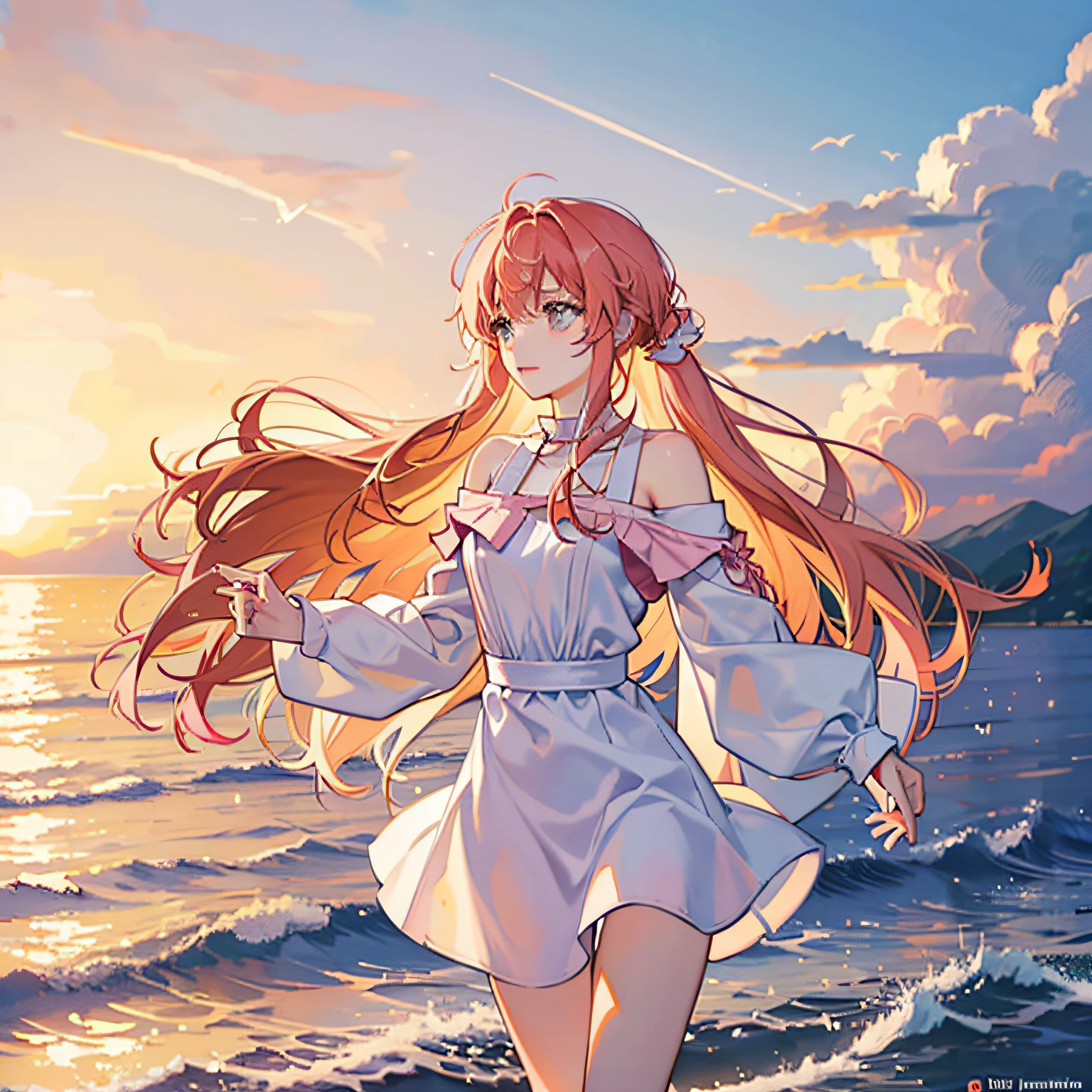 An absolutely mesmerizing sunset on the beach, with a mix of orange, pink, and yellow in the sky. The water is crystal clear, gently kisses the coast, and the white sand is endless. The scene is dynamic and breathtaking, with seagulls soaring high in the sky and palm trees swaying softly. Immerse yourself in the calm atmosphere and let the serenity surround you. --auto