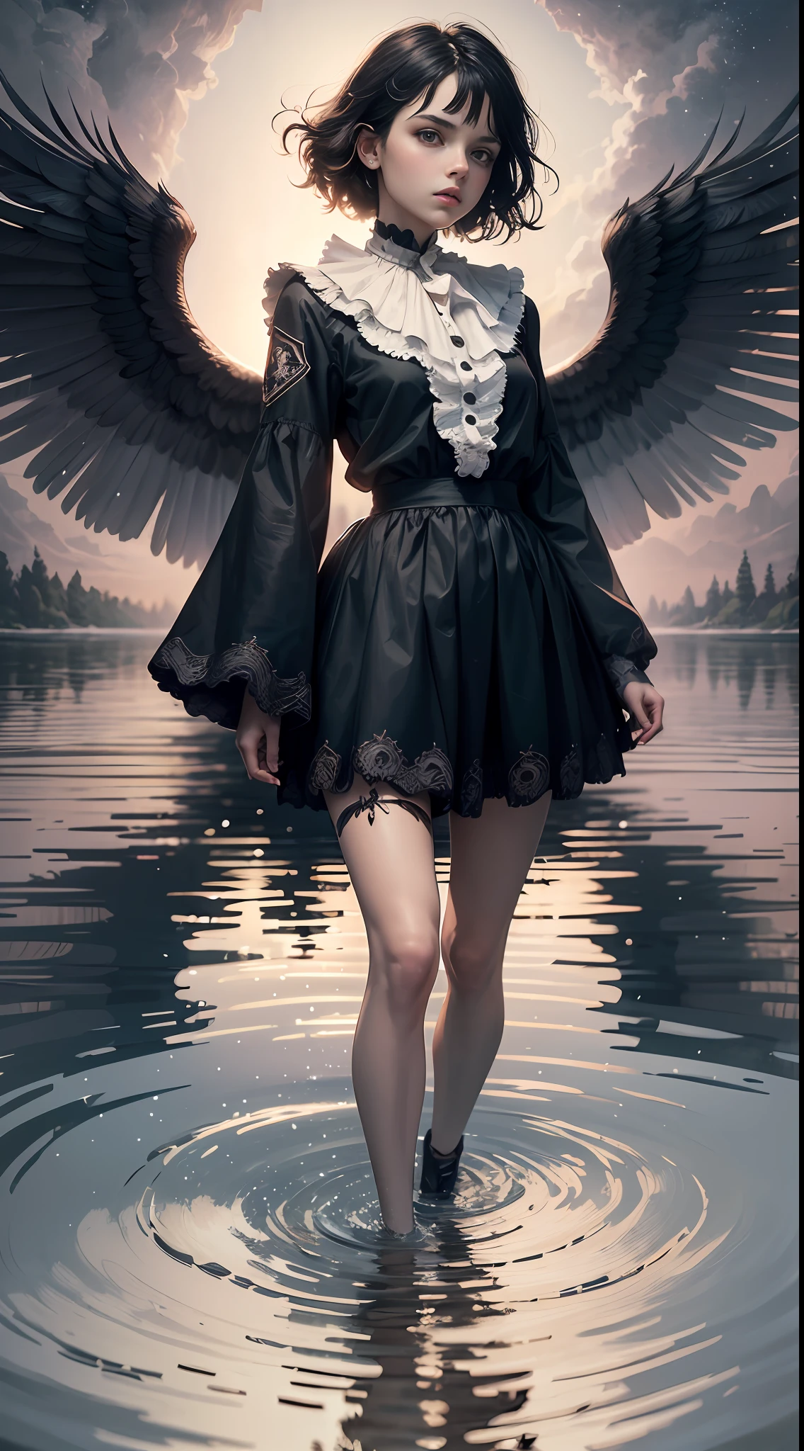 reflection, girl with white feathers walking on the water reflected in the water are black wings, beautiful face, sharp eye and look, in the style of dark fantasy and stranger things, extremely detailed and meticulous, super fine detailed illustration, incredibly absurd res, incredibly detailed, highest quality, top quality,