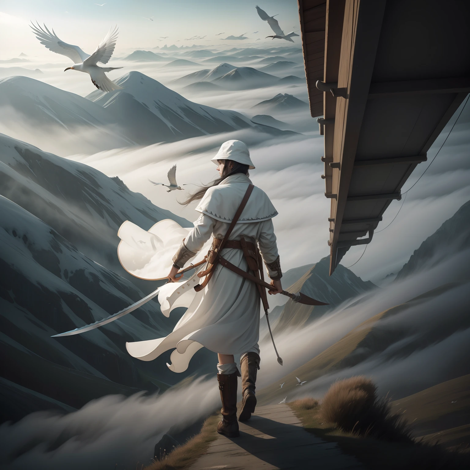 Manteau blanc，Long knives，shoun，bucket-hat，High hills，flying birds，Heavy fog --auto