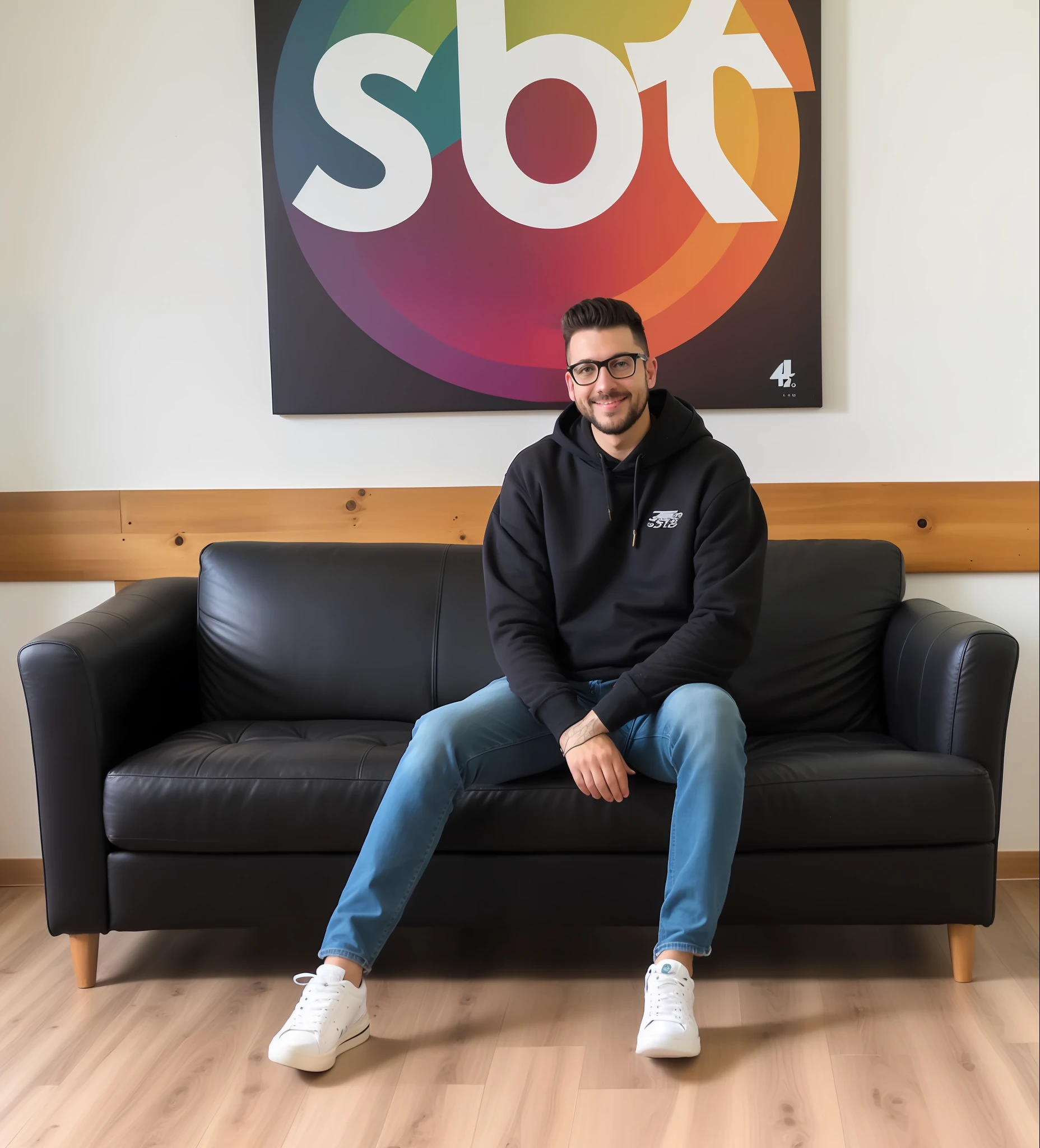 Man sitting on a black leather sofa in front of an SBT sign, with a wooden floor and wearing a black sweatshirt with a pair of jeans (Foto perfeita, nitida, alta resolução, 4k, perfeita, foto realista, retrato, full hd ,cores vibrantes)