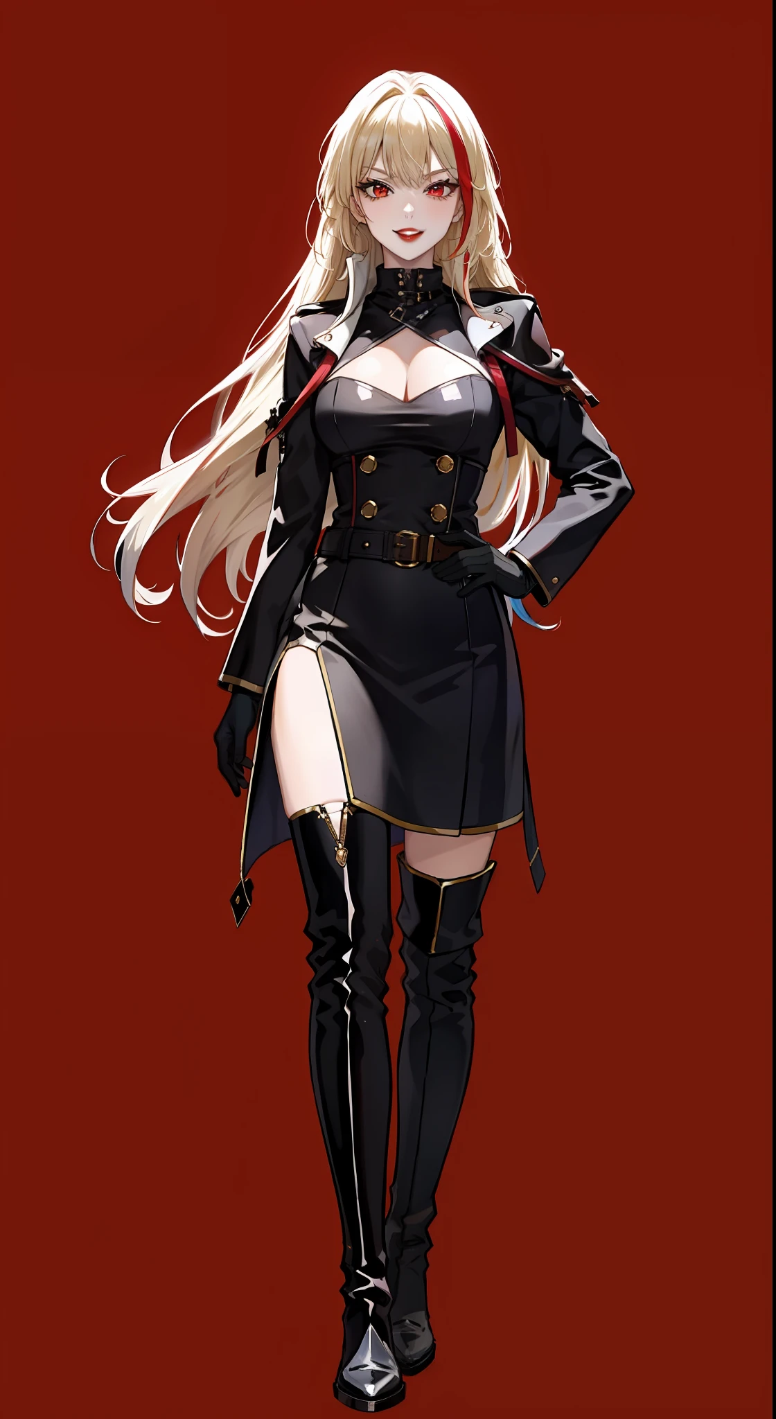 1girl, blonde hair, solo, long hair, red eyes, gloves, multicolored hair, looking at viewer, black gloves, red hair, red background, streaked hair, red lips, upper body, bangs,red theme,bad-girl, large breasts,shiny skin,(mature female),standing, from below, devious, smirk, seductive, (knee-high boots), (full body)