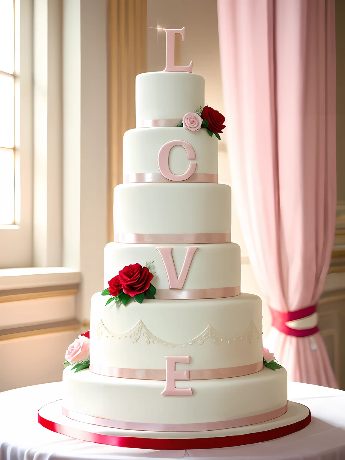 (multi-tier wedding cake), luxury design, elegant, delicate and intricate details, romantic atmosphere, soft lighting, pastel colors, blooming flowers, festive occasion, joyful celebration.