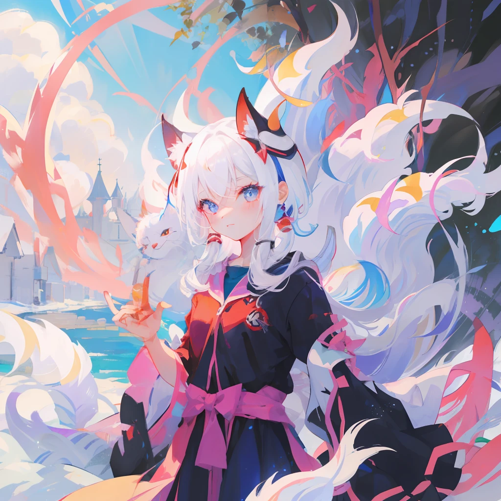 Two-dimensional nine-tailed girl with white hair