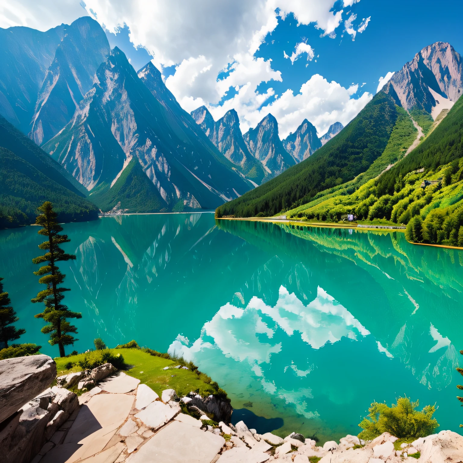 mountain lakes，The lake is crystal clear，Surrounded by mountains，surrounded by cloud，It's like being in a wonderland。Beautiful、heal、Scenic blockbuster、Eye protection、freshen、great outdoors、wonderland、Vast angle、Leica、ultra-clear、Bright light，Authentic scenery，high-definition photography --auto