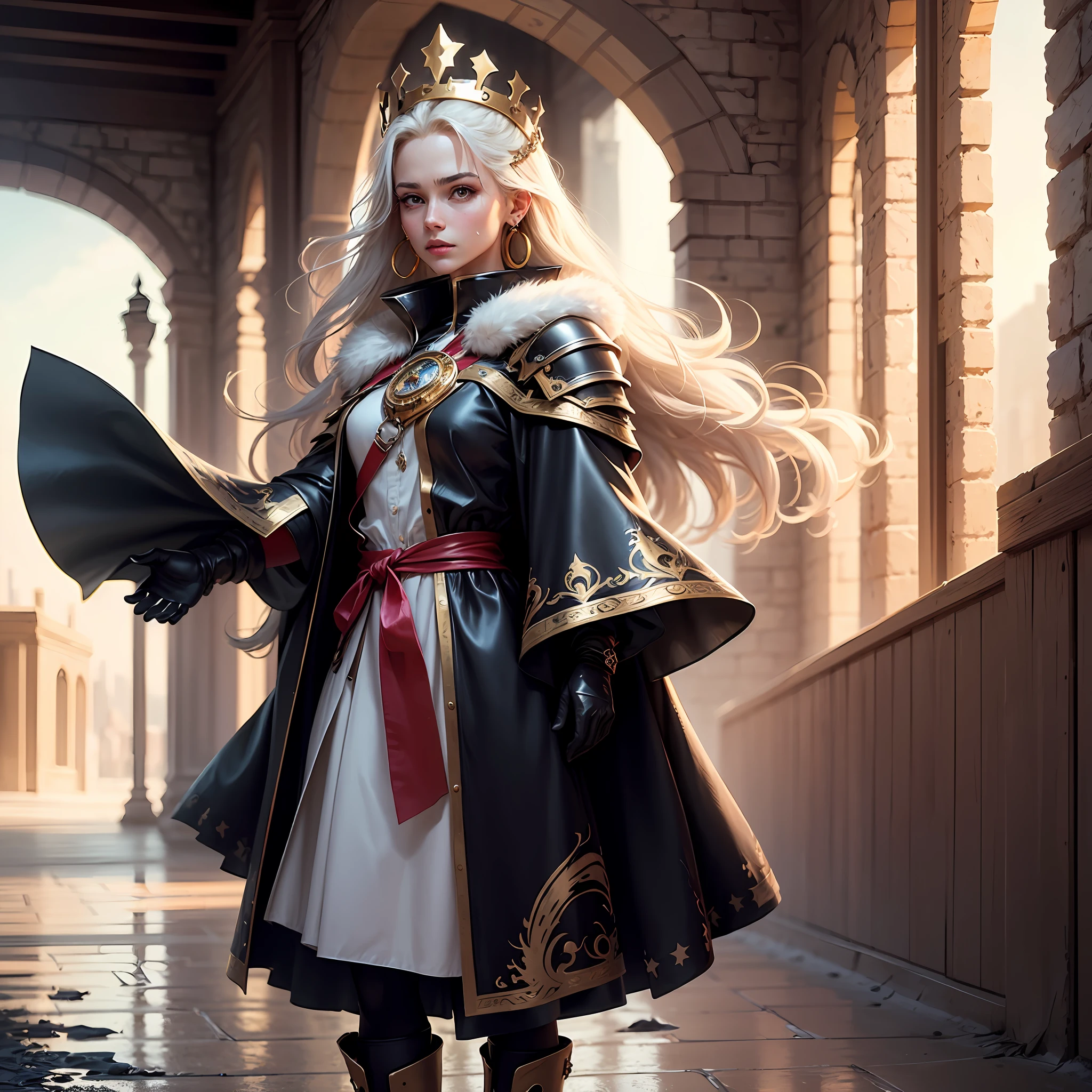 1girl,solo,Extra large image,(best quality),(ultra-detailed),(best illustration),(extremely detailed CG unity 8k wallpaper),(masterpiece),(best quality),(ultra-detailed),(best illustration),(best shadow),ultra-high res,ultimate light and shadow,(realistic, photo-realistic:1.2),Golden Star Earrings,The long white hair was blown about by the wind,Red Crescent Earrings,Black leather armor with gold edges,a hood with a fur collar,a black patterned cloak,black gloves,and long boots,looking into the distance,King,wearing a crown,holding up a glass of red wine, --auto