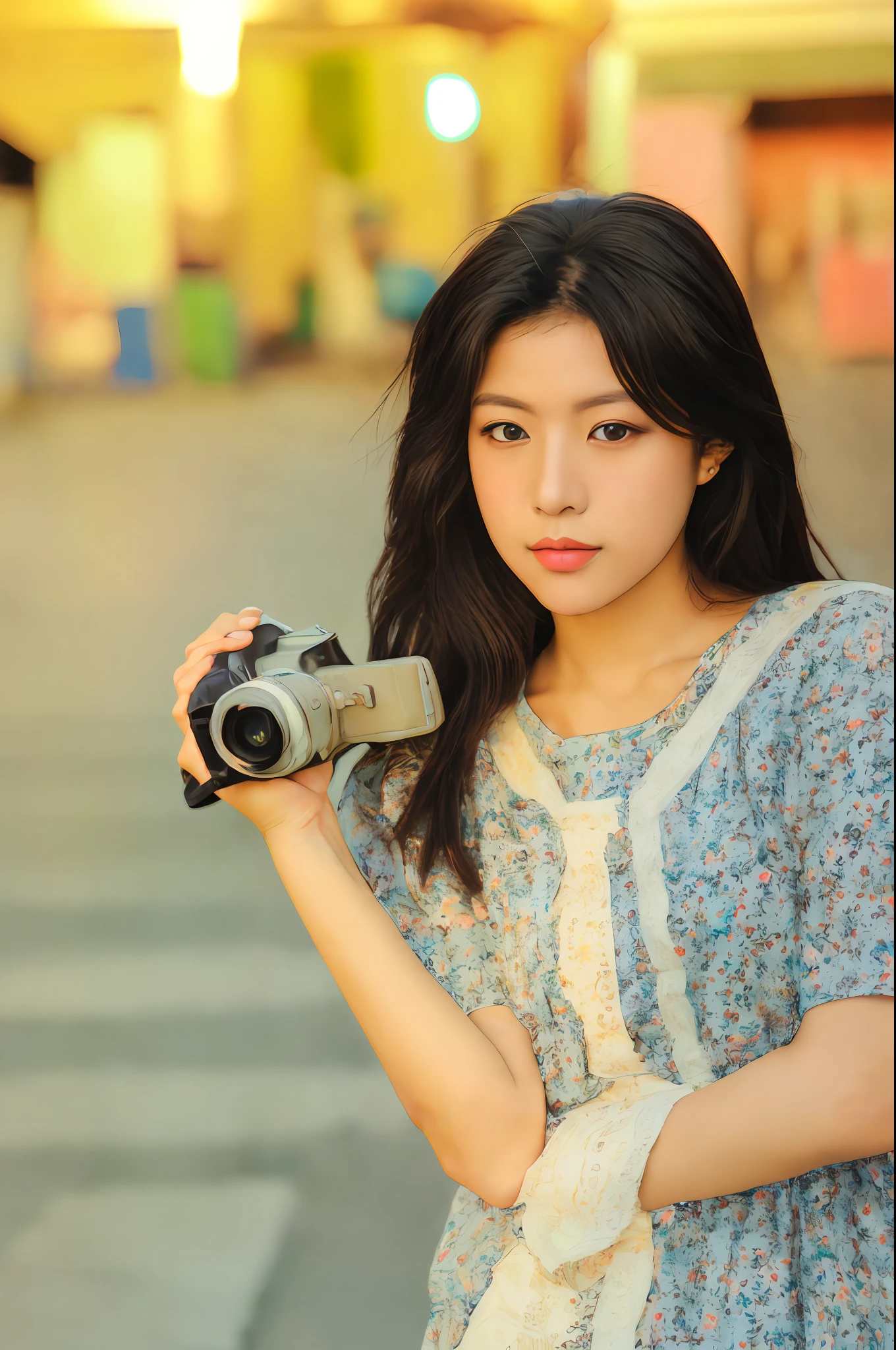 Allafard Asian woman holding camera looking at camera, Photography], [ Realistic photography ], camera looking up at her, Anime style mixed with Fujifilm, dslr 5 0 mm portrait photo, holding a camera, photo taken with canon 5d, Today\'s featured photograph 4k, Korean girl, Photography ), lofi-girl, casual photography