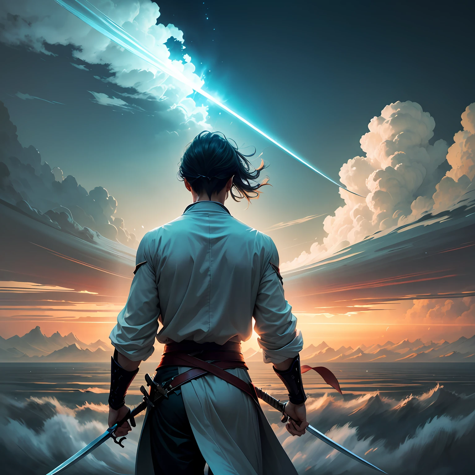 A swordsman walking alone，Hold a sword in hand，Look at the sky and point out，A huge long sword burst out of the clouds，Stab at the youkai in the distance。dynamic angle，Brilliant light，Tornado-like momentum，Infinite grandeur。 --auto