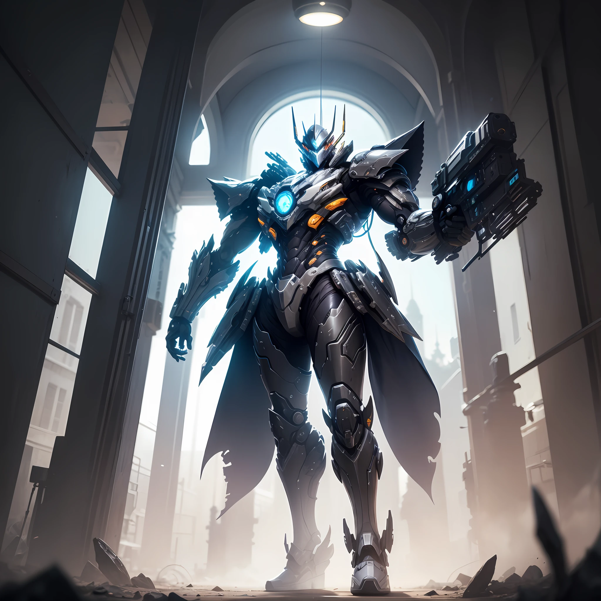 a heavy duty vine shogun mecha booster transparent form of inaros excalibur character in warframe , inspire by tennogen, intricate structure, holding bazooka and warp chronosphere , stylish, black rookie background, Strobe lighthing, sharp focus, high key, Sony ZR film and lens, ISO2000, Octane ray, 8k --ar 9:16 --s 1000 --niji 5 --style expressive --auto