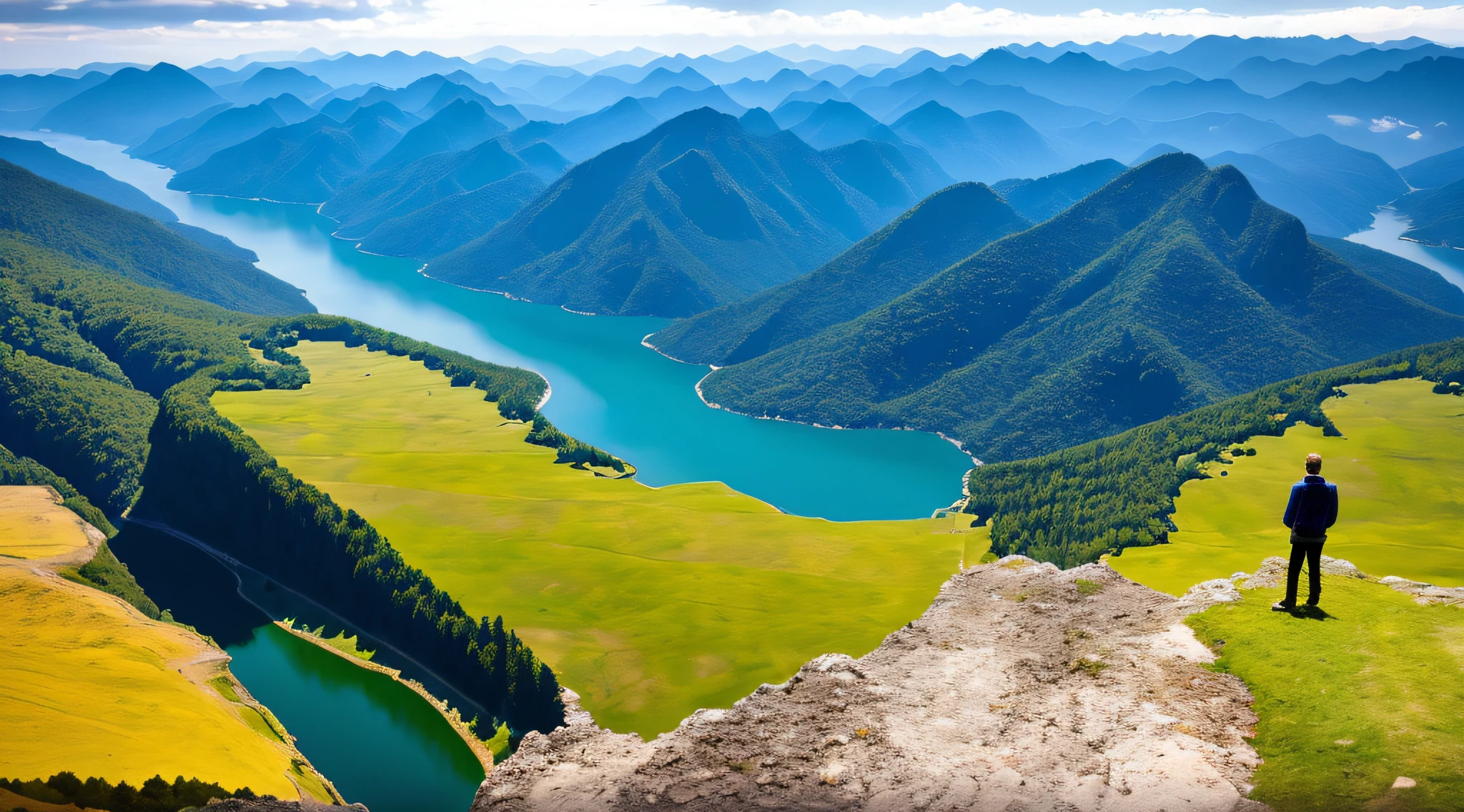 scenecy， exteriors， skyward， Clouds， daysies， No Man， mont， the panorama， Eau， The tree， blue-sky， falls， precipice， naturey， Lake， flod， cloudy skies，Authentic scenery，high-definition photography，High-altitude overhead shooting angle，Shoot at a vertical angle