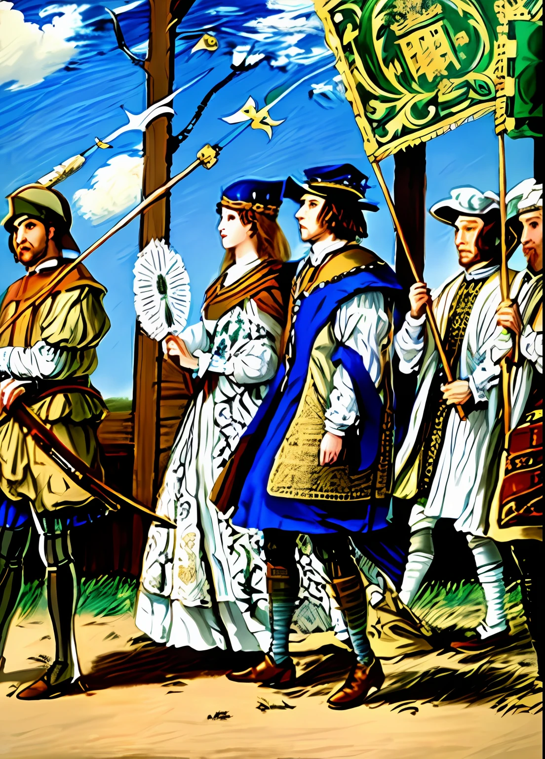 a drawing,A group of men dressed in medieval costumes hold flags, Inspired by Albrecht Altdorf, Medieval illustration, Inspired by Hans Holbein the Younger, very detailed medieval, The woman holds a fan, Renaissance painting, dressed in medieval clothes, Inspired by Ambrosius Holbein, Renaissance costumes, dressed in medieval clothes, medieval clothing, opulent, tmasterpiece, The background is blue sky and white clouds
