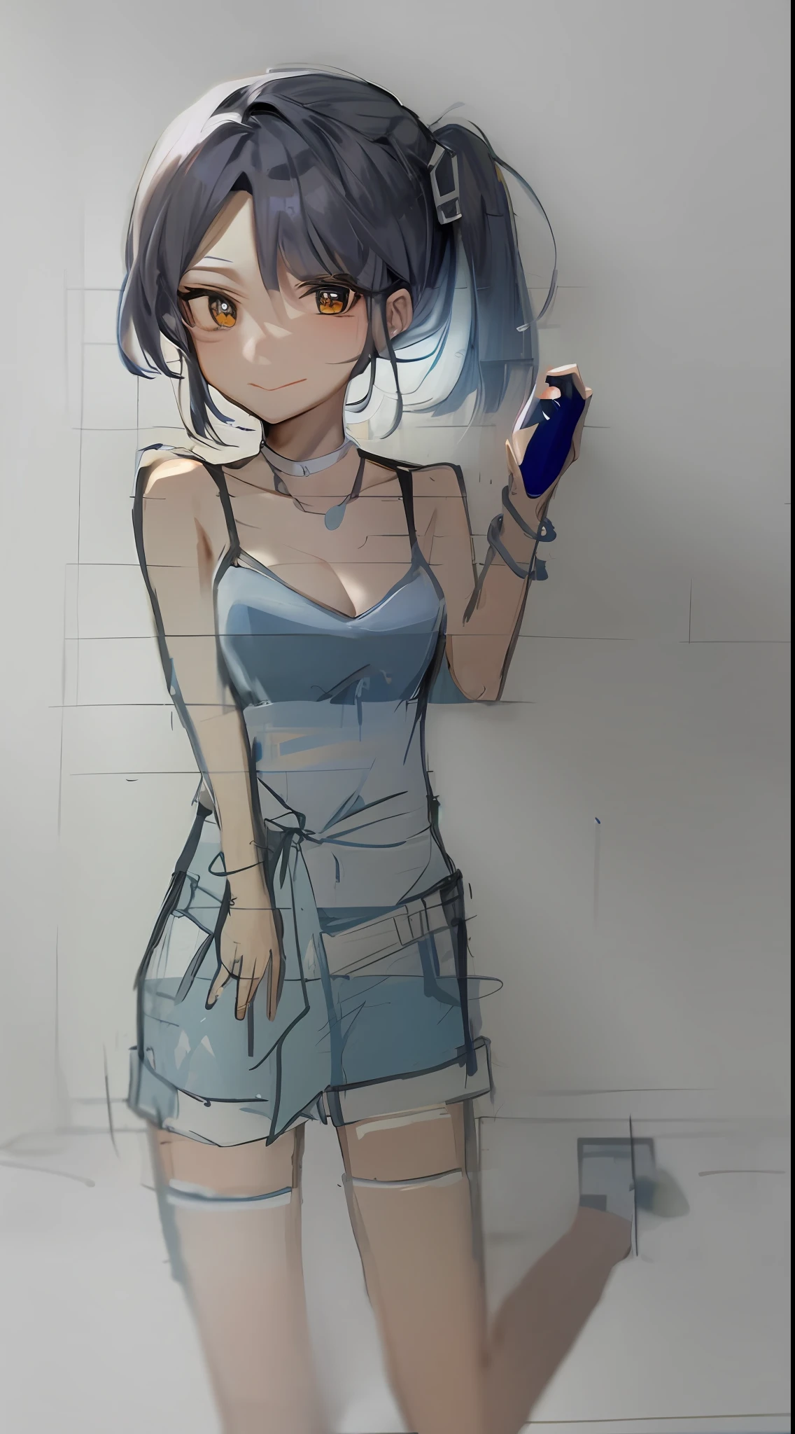 A painting of a girl holding a cell phone in her hand, full body portrait of a short!, Casual pose, old sketch, anime sketch, loose pencil sketch, sketchy artstyle, sketched, full body!, Female protagonist 👀 :8, girl sketch, Rough sketch, as an anime character, full body;, in an anime style, full body!!, unrealistic character concept