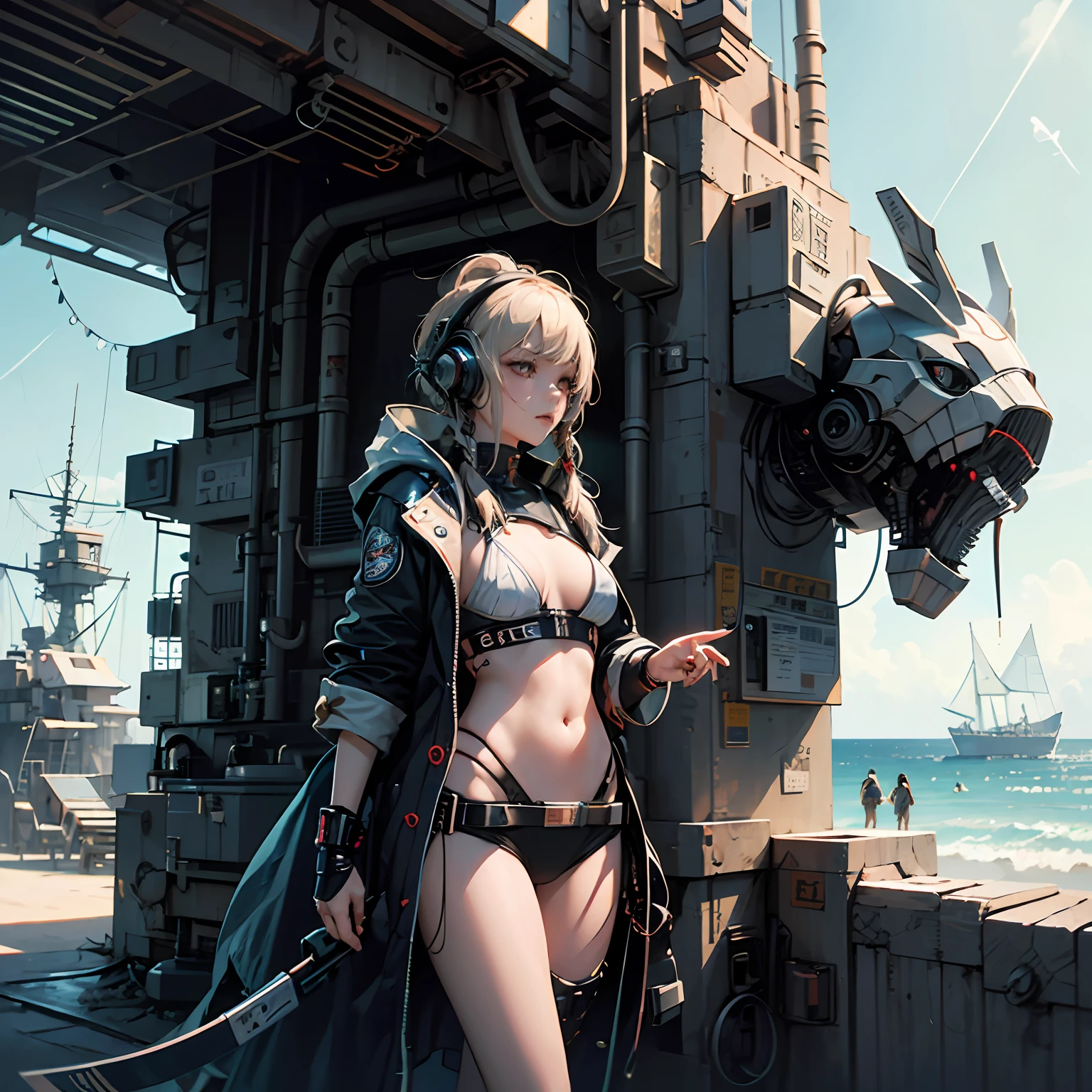 best qualtiy，Refined face，25岁少女，Slim body，No clothes，Smaller bust，beachside，Stand up，sea beach，There are huge spaceships floating in the air，cyber punk perssonage，Sci-fi --auto