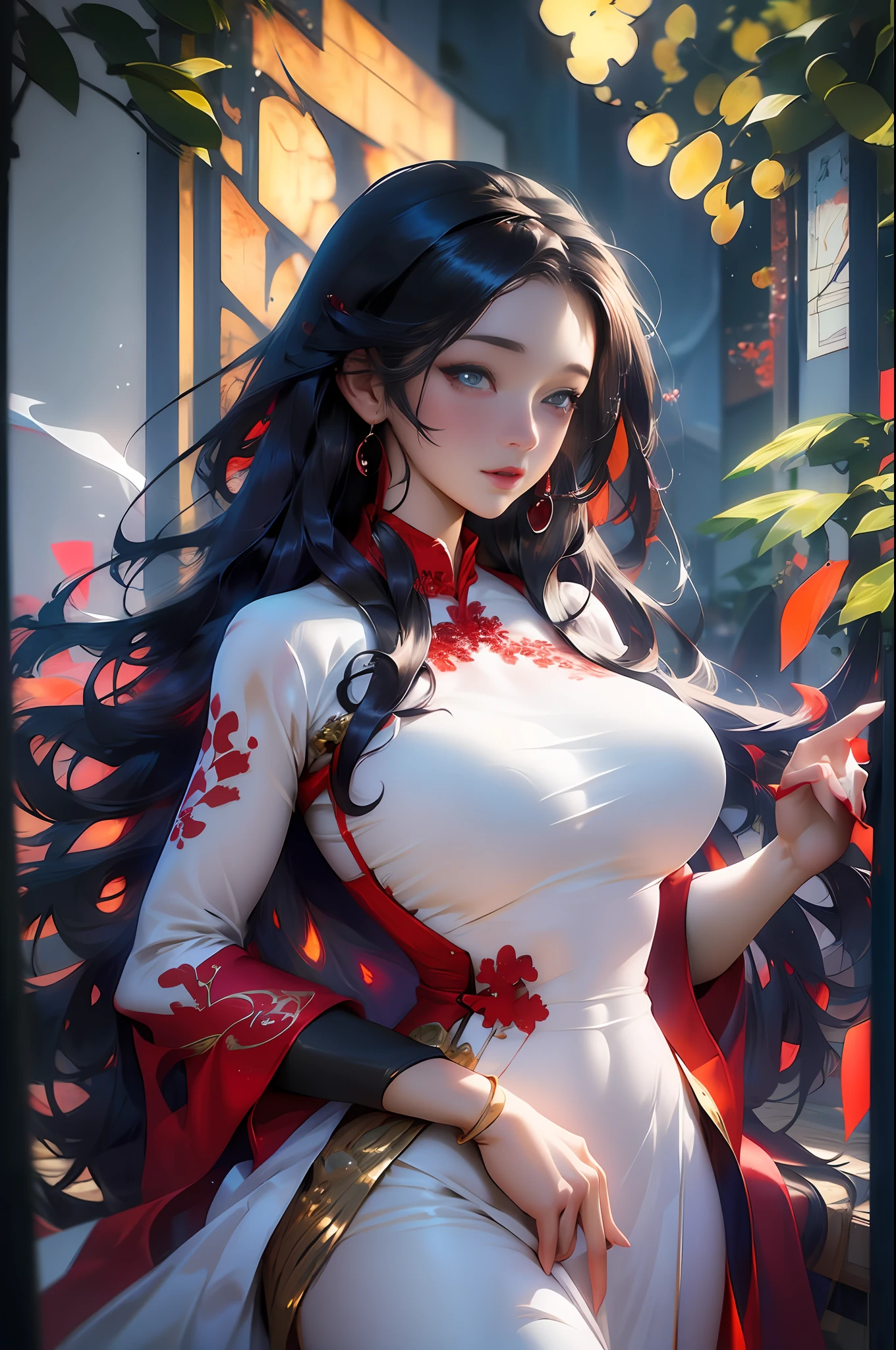 A beautiful girl, 22 years old, sexy theme, perfect face shape, oversize model, mature woman, tall long legs, (((super huge breasts))), (((glazed pupils))), long messy hair, happy, hand details, finger details, beautiful anime Huaifu style girl, super detailed painting, luminescism, art concept art by Kahn Griffith and Vadim Kashin, abstract beauty, standing, close to perfection, pure form, golden ratio, concept art, by Brian Froud, Carne Griffiths, Wadim Kashin and John William Waterhouse, intricate detail, 16k post-production, high resolution, hyperdetail, Artstation trend, sharp focus, studio photos, intricate detail, high detail,She wears the traditional Vietnamese dress ao dai , ao dai Vietnamese,She has big breasts, saggy breasts,She has beautiful big round eyes ,Double eyelid,Beautiful face