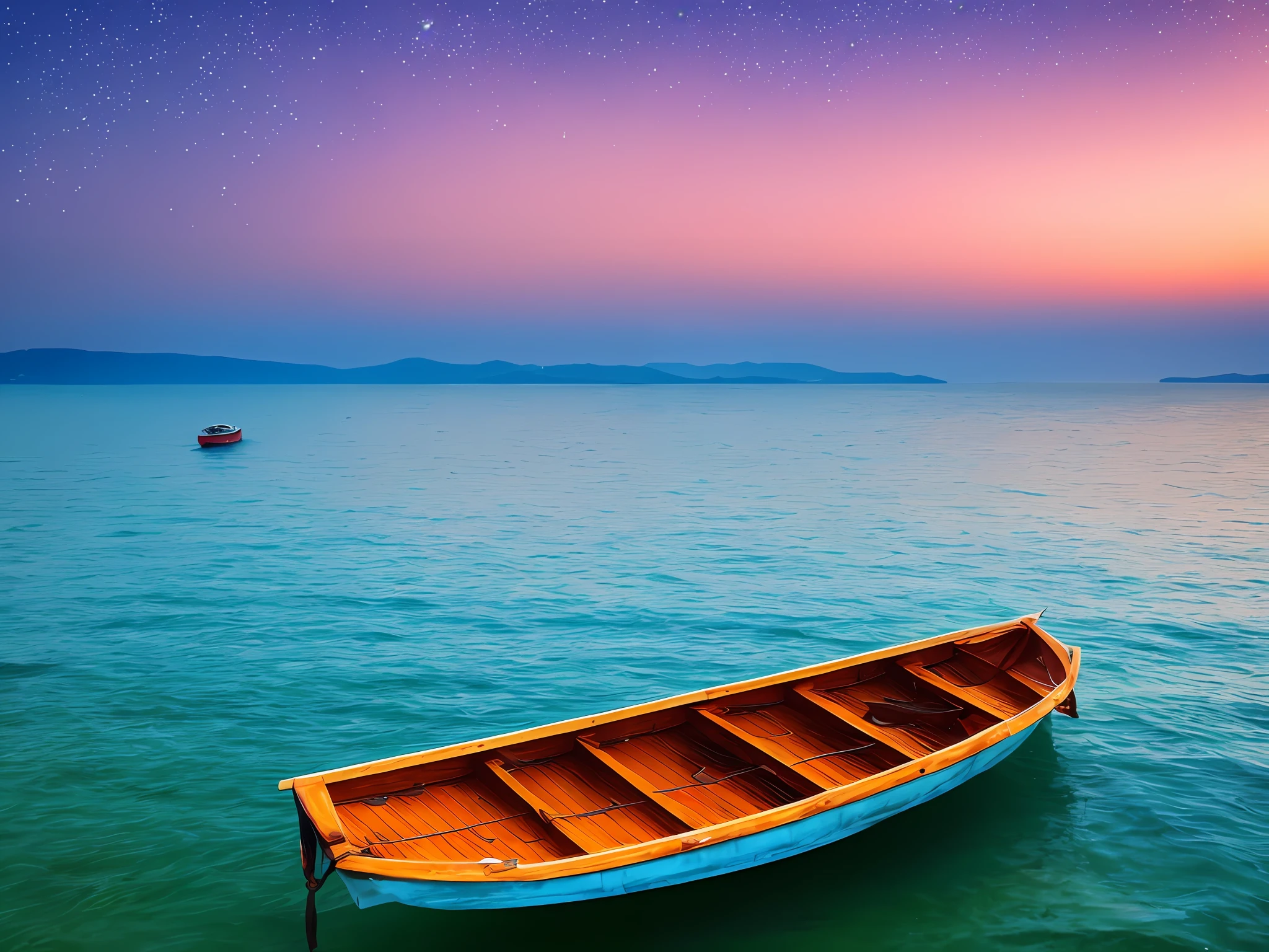 Boat ride at dawn on the sea,Sea and sky,Boat sail dance,The galaxy is about to turn,Majestic and bold,Vast and magnificent、Wonderfully majestic