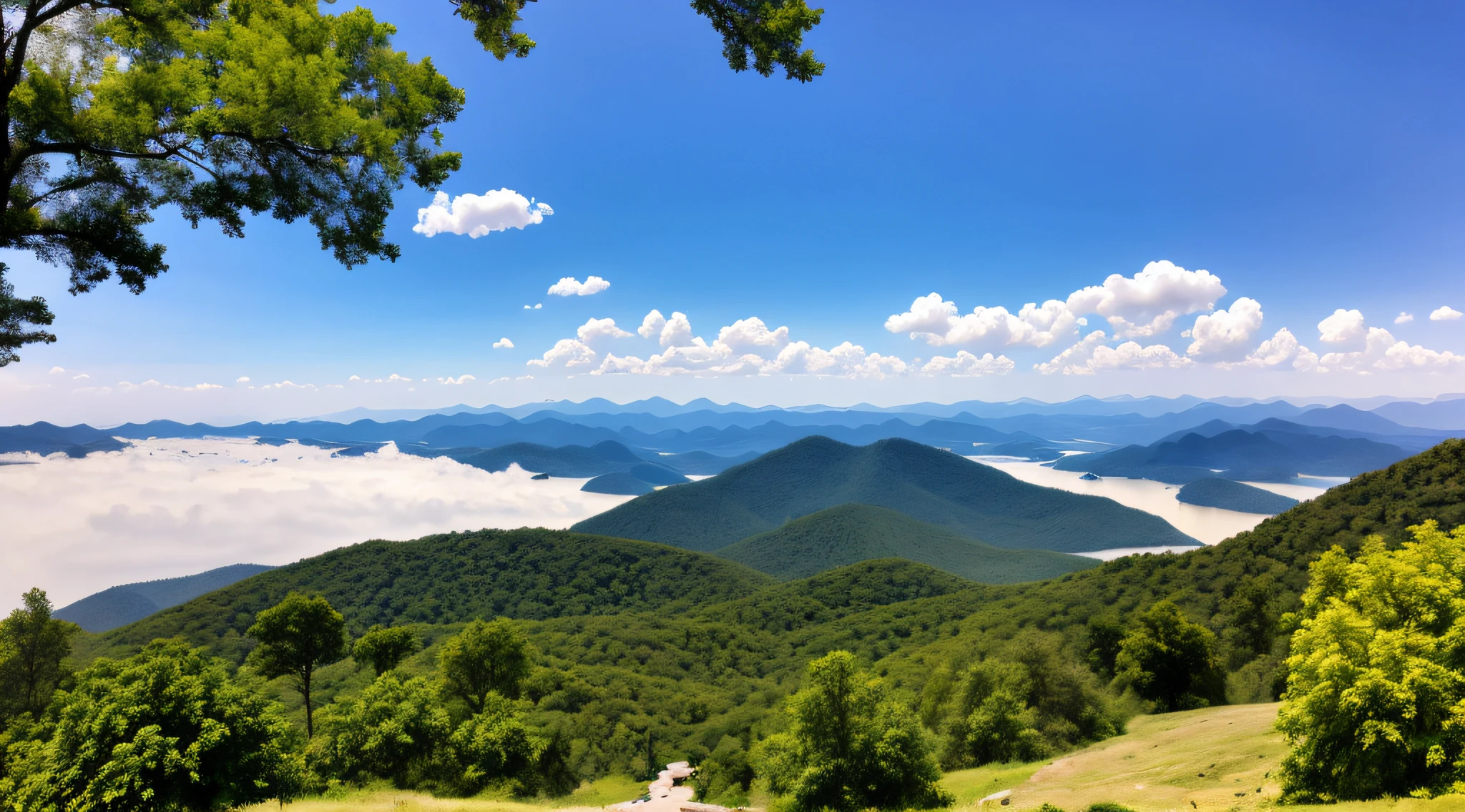 scenecy, exteriors, skyward, Clouds, daysies, No Man, mont, the panorama, Eau, The tree, blue-sky, falls, precipice, naturey, Lake, flod, cloudy skies,Authentic scenery,high-definition photography,High-altitude overhead shooting angle,Shoot at a vertical angle