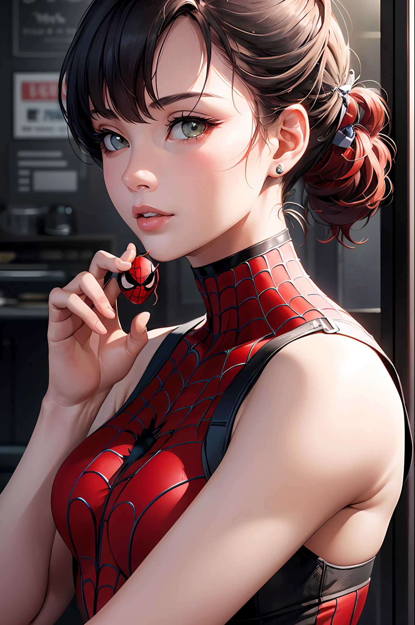 best quality,game cg,1girl, masterpiece, best quality, 8k, detailed skin texture, detailed cloth texture, beautiful detailed face, intricate details, ultra detailed, audrey hepburn, Spider-Man uniform, straight red hair, (Half body:1.2)