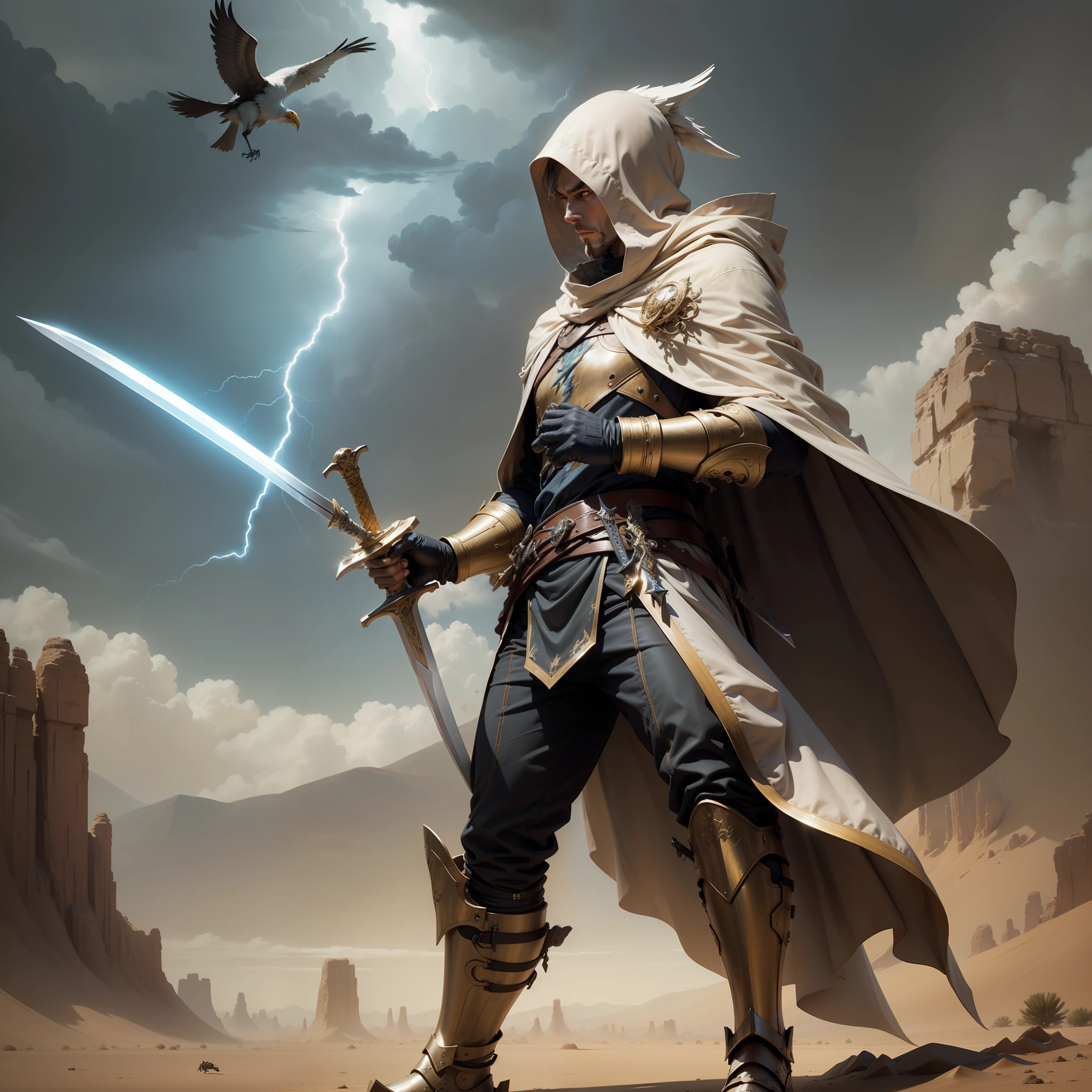 in the desert,The lightning figure appeared out of thin air,Thought he was wearing a cloak,A man with a mysterious long sword,Holding a long sword, Slash at the giant bird with a big sword
