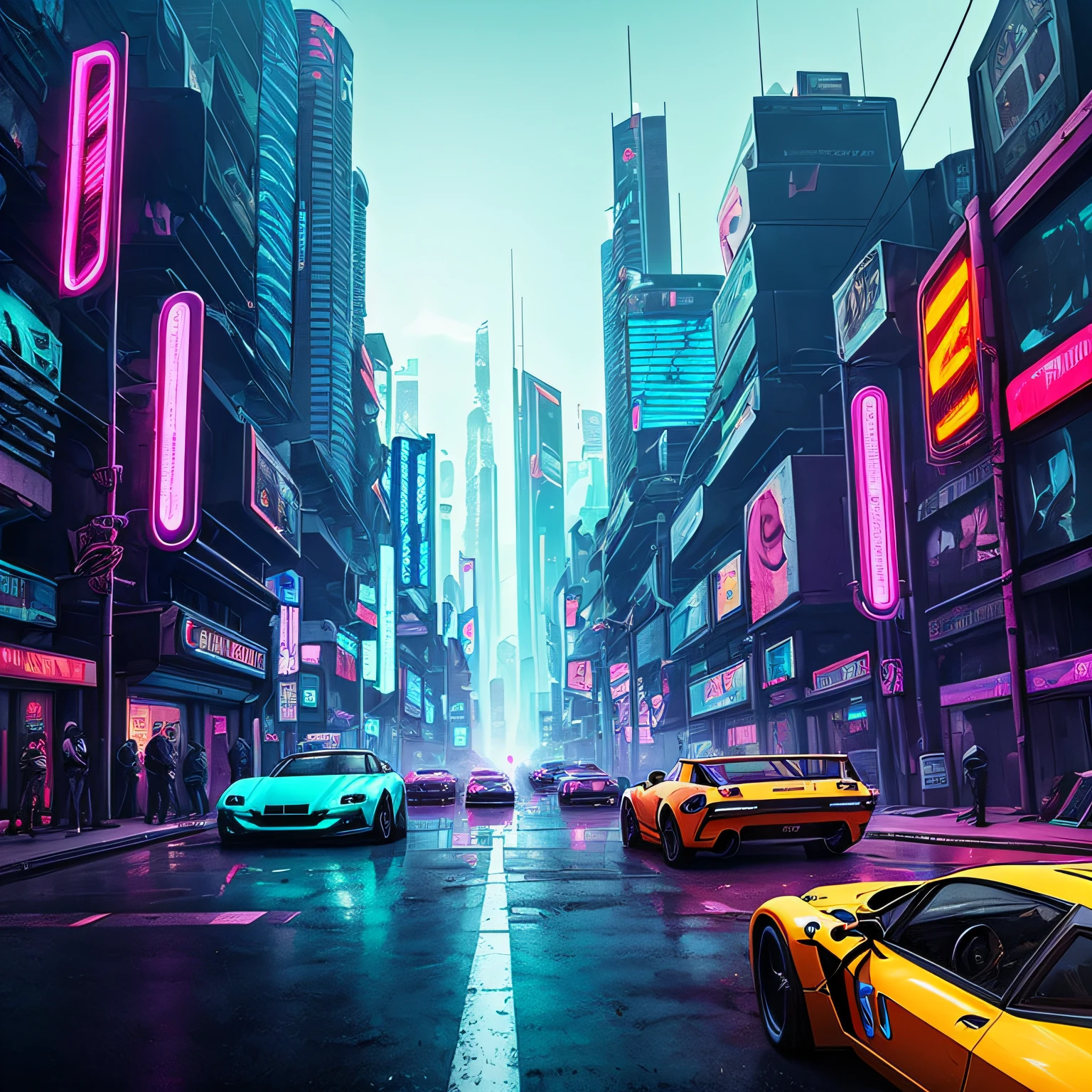 Cyberpunk streets,neonlight,Chaotic shootout,Tech-inspired cars,Mercenary woman hiding behind cover,Tech rifles,Look back at the battlefield --auto