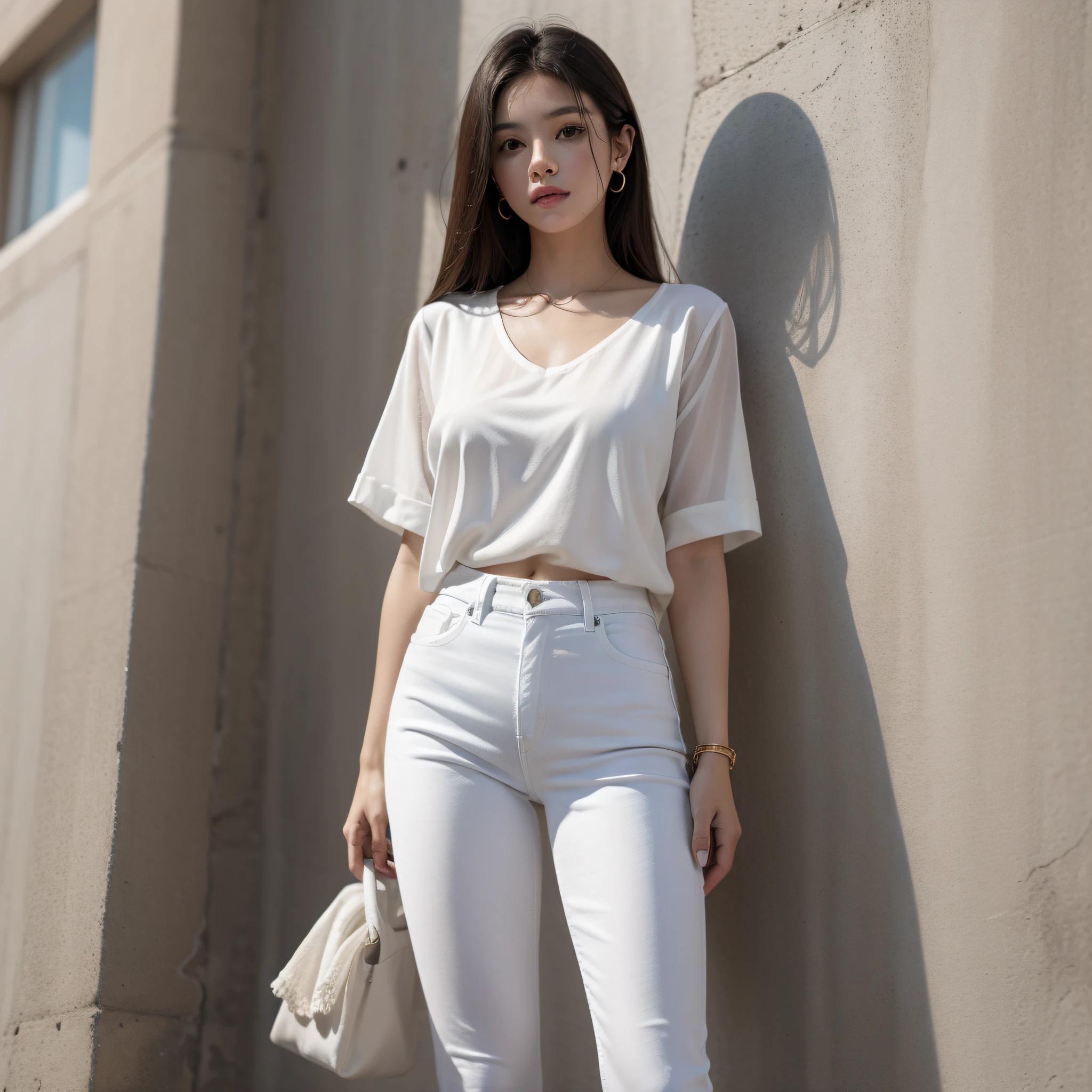 araffe woman in white shirt and jeans posing for a picture, casual white garment, long shirt, fine white shirt, white dress shirt, wearing white silk, white blouse, white shirt, clothed in white shirt, with white, trendy white clothing, loose - fitting blouses, wearing a white blouse, white clothes, wearing a blouse, wearing white shirt