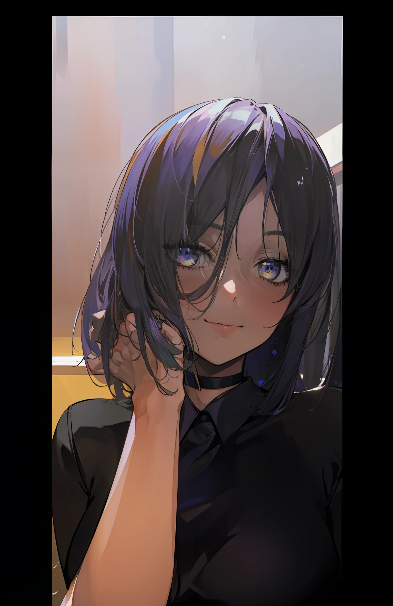 (masterpiece), (best quality), photorealism, realistic, ultra detailed, 8k resolution, ((1girl), solo)), (beautiful, (purple short hair, yellow highlight front bang)), (front light, cinematic light, cold light), ((moona hoshinova, vtuber, indoor, close up photo), black t-shirt, looking up, view from front), best propotional body, simetrical face, beautiful eyes, anime girl, vtuber picture