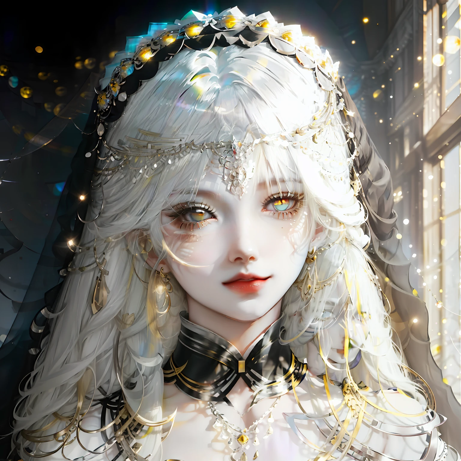 Striped hair, White hair, Black hair, bangs pinned back, hair flaps, Medium hair, Halo, Hair ribbon, mouth veil, hair beads, head wreath, Gradient_Eyes, Heterochromia, Yellow eyes, Colored Contact Lenses, Red eyes, Light smile, Textured skin, ccurate, High details, High details, High details