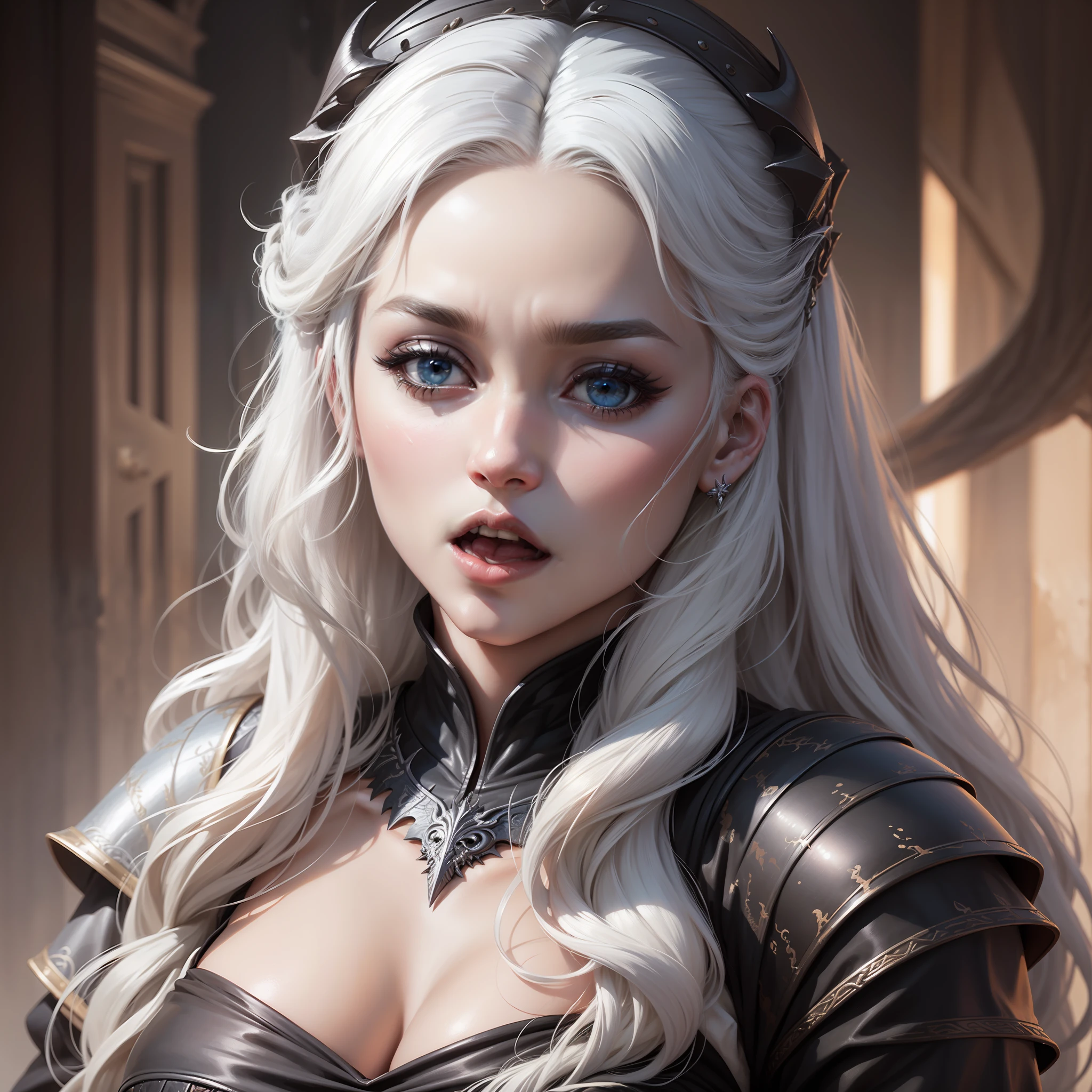 Portrait of Daenerys Targaryen,long white hair,with brown eye,Your head is proud,Serious,big breasts beautiful,Mouth closed,ultra-detailliert,long black clothes,Behind it is a dragon,The dragon's eyes are blue,Open your mouth and roar