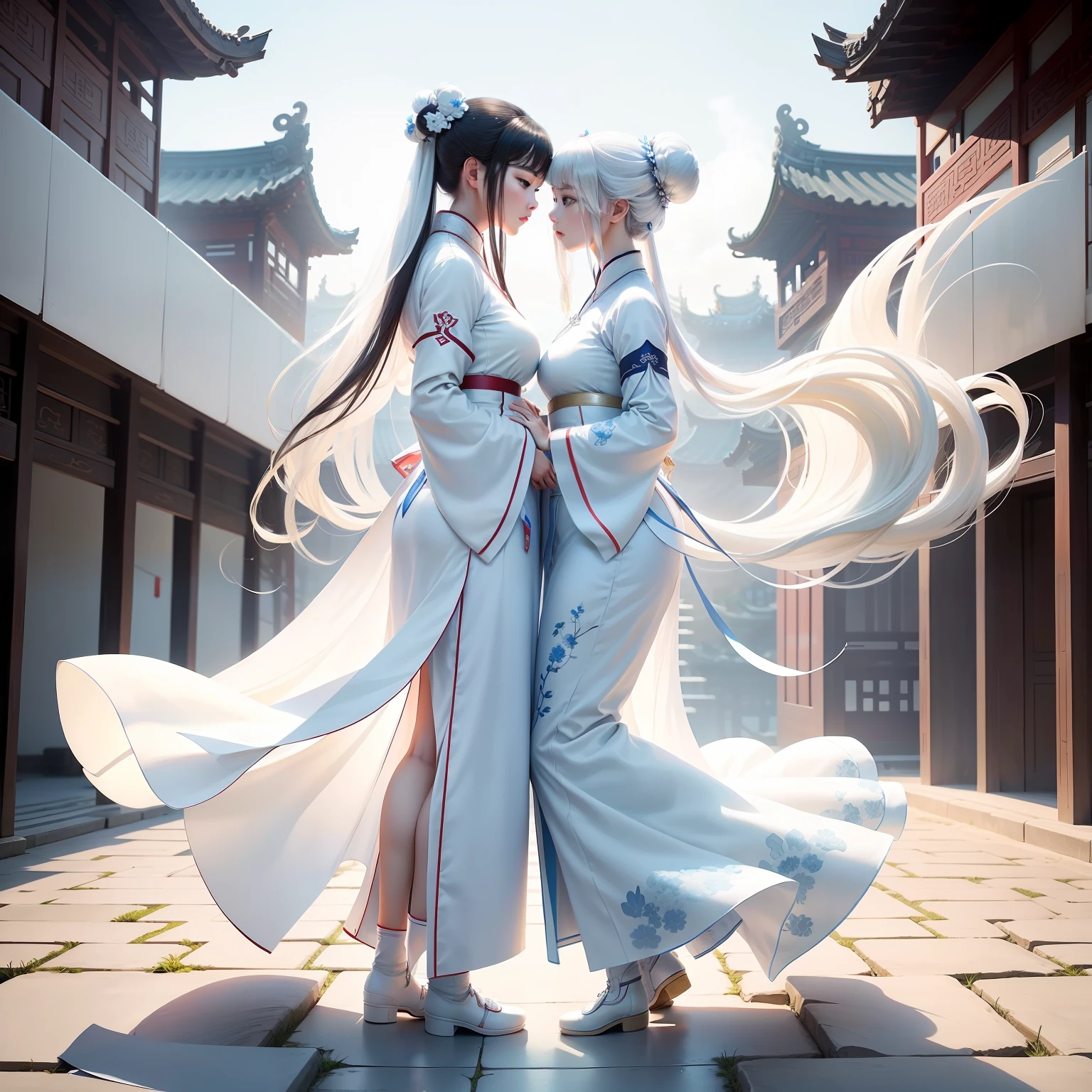 Hanfu ，Two teenage girls，White color hair，Hanfu，Chinese Ancient Architecture，White clouds，blue-sky，Full body like，white stockings，high-heels，Hug together，Bigchest，Kissing each other，Saliva runs down the corners of the mouth