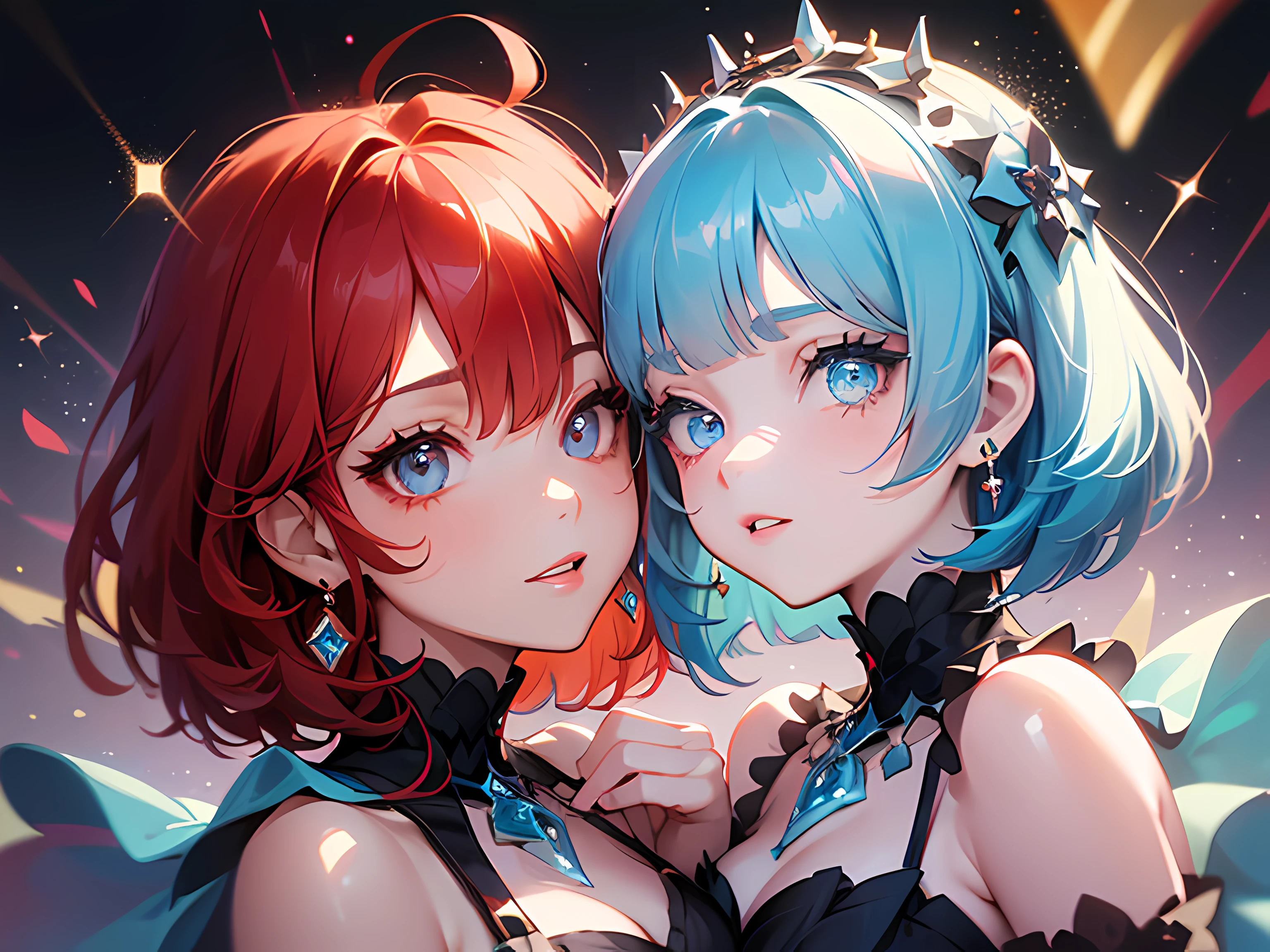 (Best Quality:1.3),4K,8K,8K Portrait,16 K,(masutepiece:1.2),(2girls:1.5),(twins:1.6),garnet,lapis lazuli,(maximalism:1.5),ultra-detailliert,absurderes, very detailed beautiful face and eyes,
dense beautiful hair,
Super cute girl,(bob cuts:1.8),(red eyes and red hair girl:1.3),(blue eyes and light blue hair girl:1.3),(is wearing  Gothic dress:1.3),
(jewelry eyes:1.3),(Eyelashes:1.2),(symbol in eyes:1.3),(hight resolution, Twinkle,Glitter,Lens Flare,light Particle,Shining:1.3),